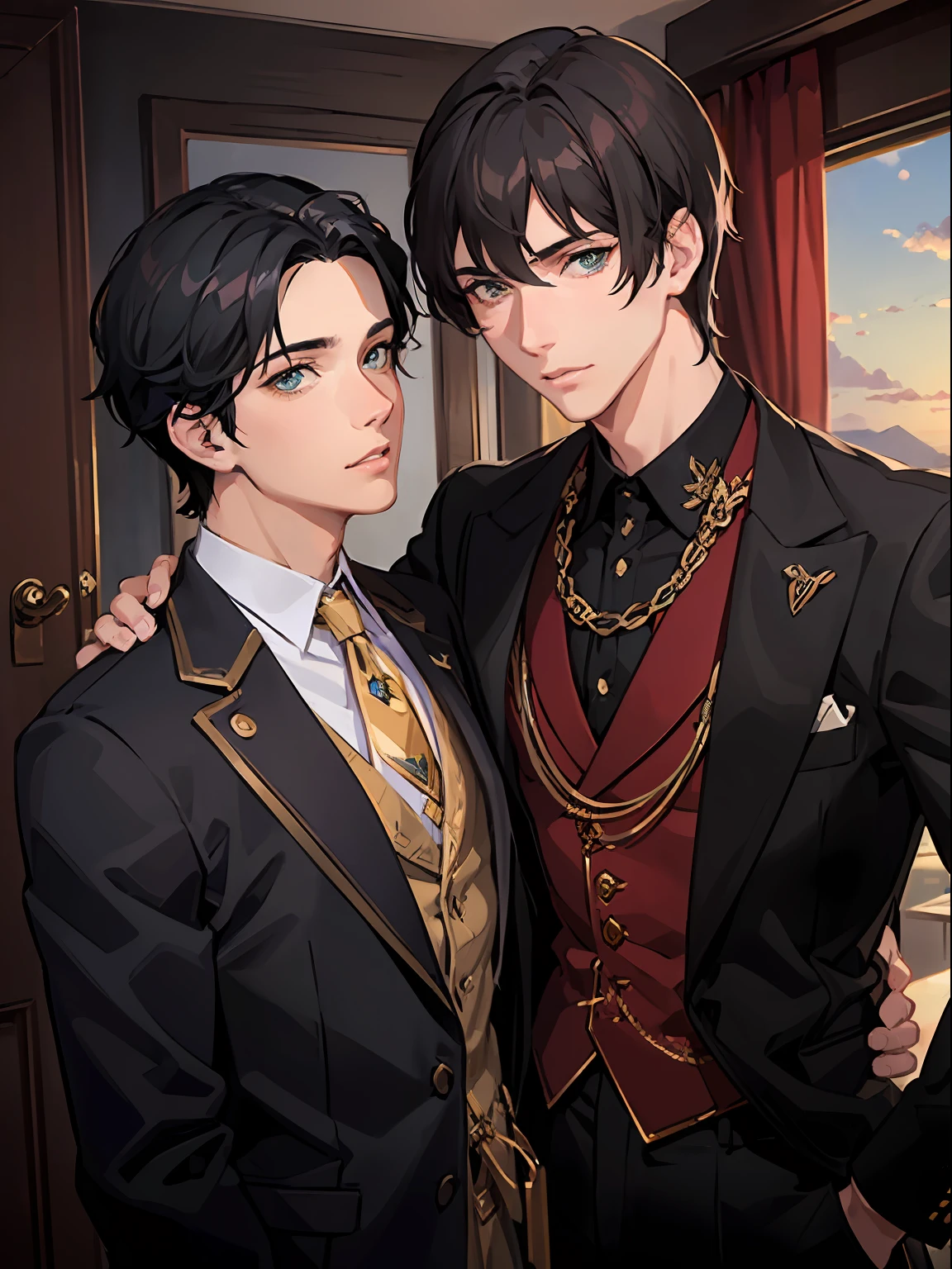 (Masterpiece), (best quality), ((super-detailed)), (very fine 4Ksuper fine illustration), (sunset_light), (realistic;0. 5),(ultra-detailed face), (2 mature males), 25 years old, handsum male, red eyes, black jacket, belt, large black hair/(male 1/) ,18 years old, students, black hair, very short hair, green eyes/(male 2/), (gay), (boys' love), looking at each other, cinematic