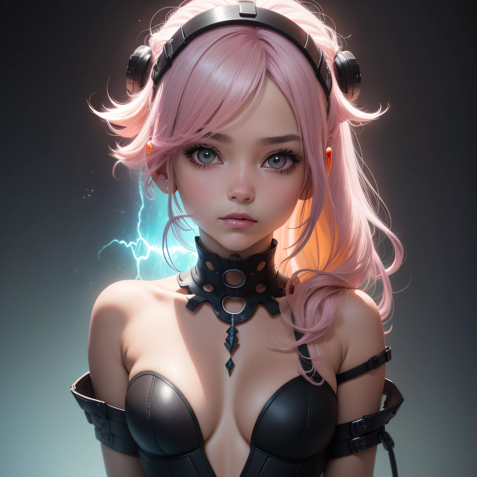 Rosto detalhado, perfeita, altamente detalhada, sem luz do sol, pelada, Yellow gradient colored hair with pink and blue mexas naked whole body, cintura fina, Cabelo longo ondulado, olhos azuis, sentada na cama, with collar around the neck, orelhas pontudas, seios grandes, Estilo cyber punk, dark, nebula,