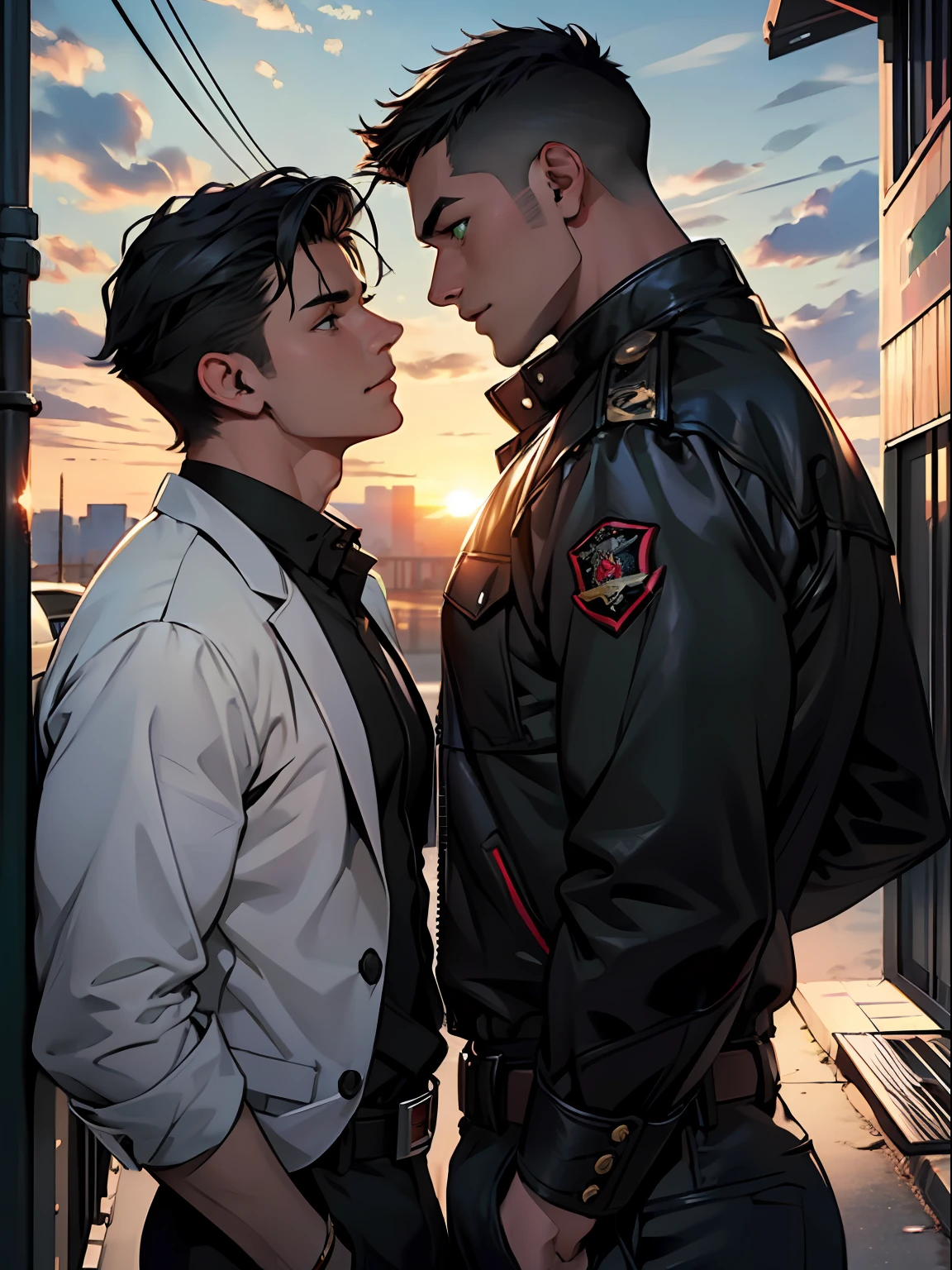 (Masterpiece), (best quality), ((super-detailed)), (very fine 4Ksuper fine illustration), (sunset_light), (realistic;0. 5),(ultra-detailed face), (2 mature males), 25 years old, handsum male, red eyes, black jacket, belt, large black hair/(male 1/) ,18 years old, students, black hair, very short hair, green eyes/(male 2/), (gay), (boys' love), looking at each other, cinematic