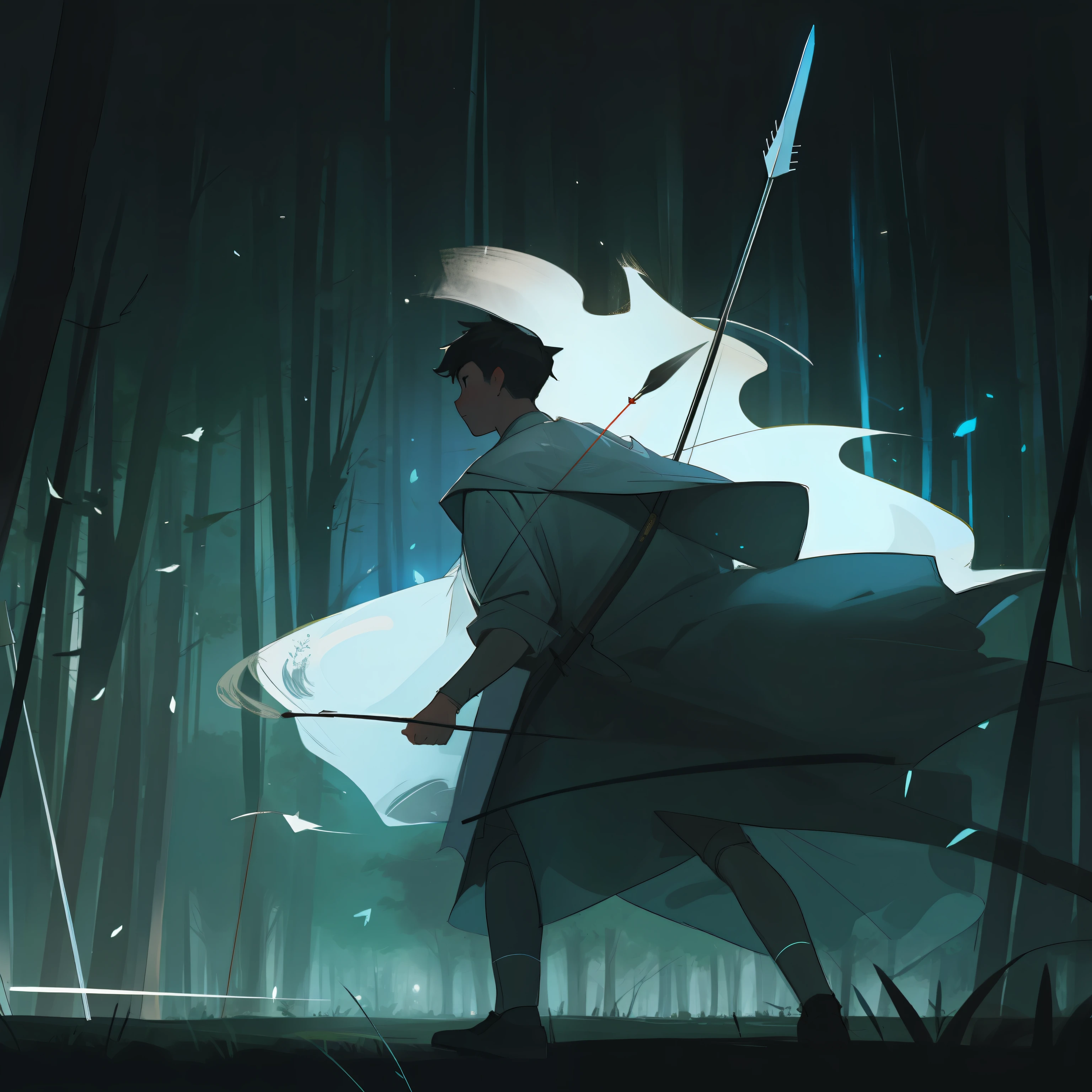 there is a man hunting, a boy drawing an arrow from his quiver, quiver in the back, a focused expression, in the forest, in the night, night scene, a beautiful artwork illustration