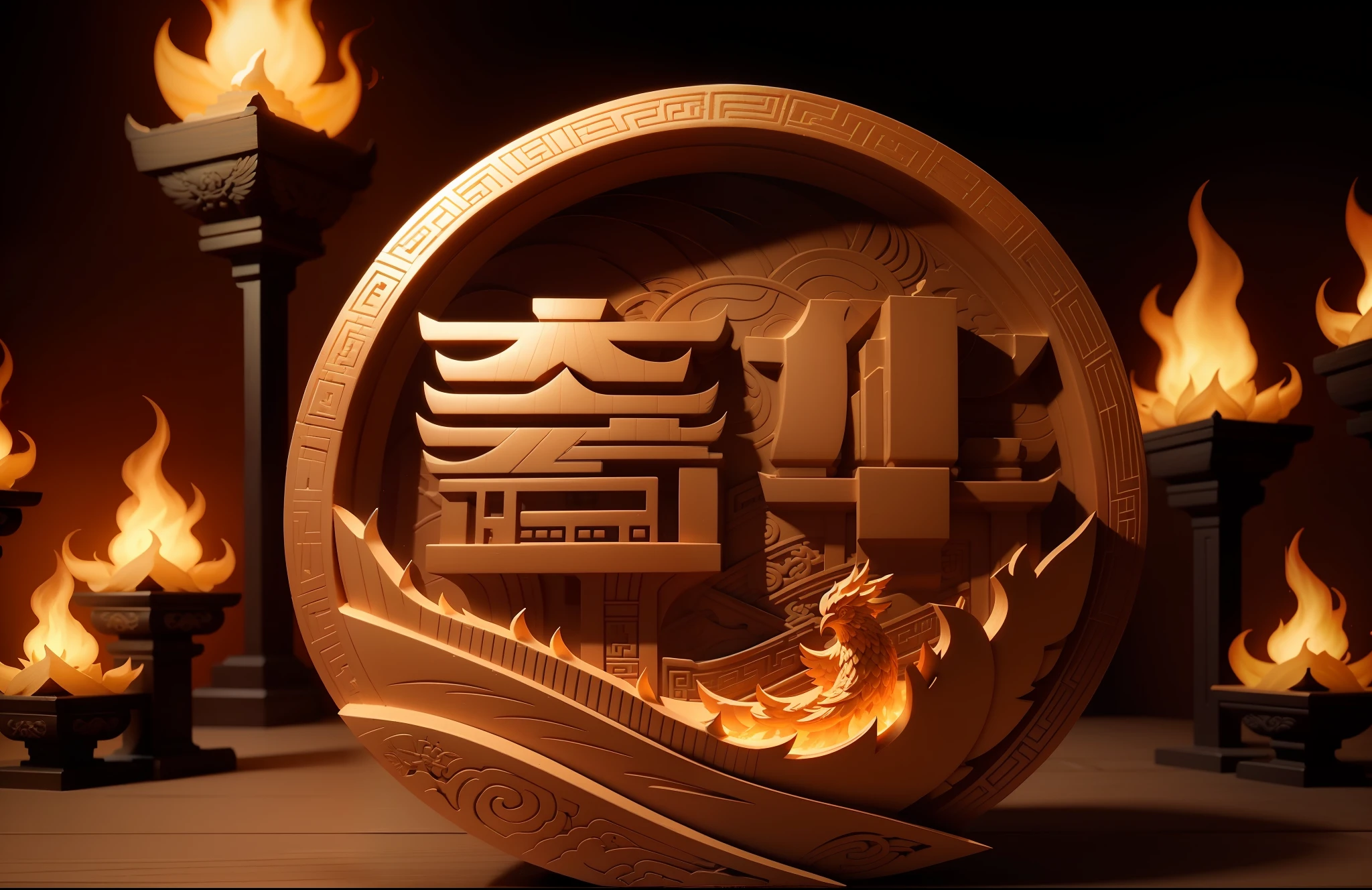 3D relief, fine carving, phoenix carving, spirit, traditional Chinese style, multi-dimensional paper fog crafts, ultra-wide angle view, dreamy, 8K, romantic, high resolution, 8k