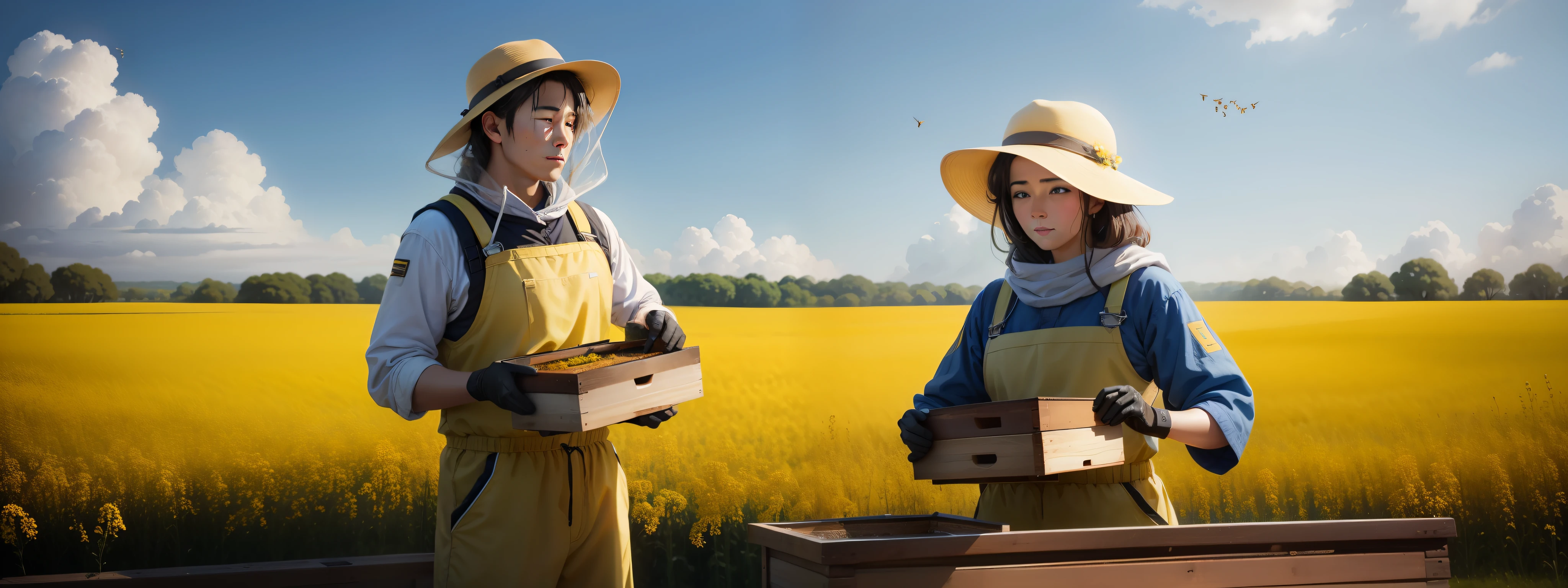 Beekeeping couple、Bees fly、rapeseed blossoms、blue-sky、Rustic,high definition detail、Soft light、Photoreal