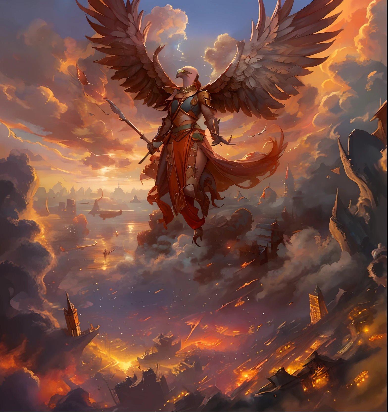 a painting of an angel with wings flying over a city, avian warrior, as a mystical valkyrie, symmetrical epic fantasy art, by Yang J, high quality fantasy art, magic the gathering art, epic fantasy character art, mtg art, mystical atlantean valkyrie, winged archer, archangel, mystical valkyrie, epic fantasy card game art, magic the gathering concept art