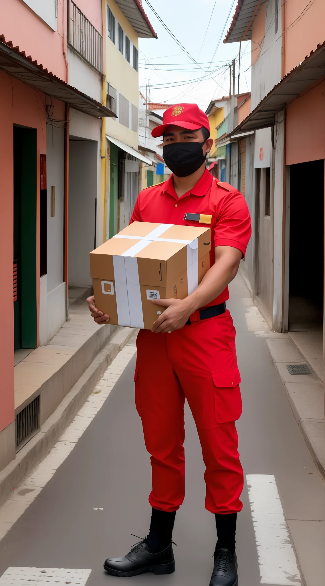 entregador de uniforme vermelho segurando uma caixa em um beco estreito, entregando caixa de parsel, delivering mail, Entrega de pacotes para a Amazon, imagem retrato, wearing a mask, artista desconhecido, Delivery of security robots, 🕹️ 😎 🔫 🤖 🚬, muito profissional, tomada em 2 0 2 0, uniforme vermelho, da China, segurando presente, Cingapura