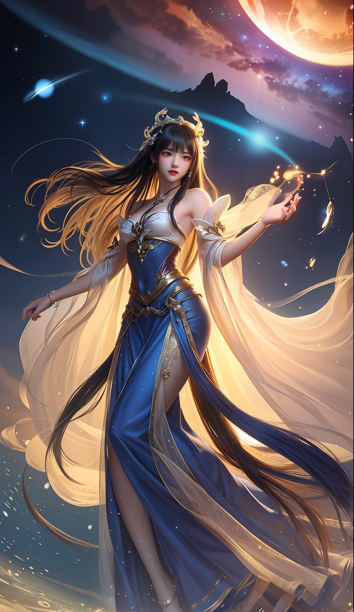 Under the deep and boundless cosmic starry sky，A goddess stood there，Her beauty and mystery are breathtaking。Her figure seemed so small in the starry night sky，But it exudes an indescribable grandeur。Her eyes sparkled like stars，Refracting the endless mysteries and beauty of the universe。

The goddess wore a tulle-like robe，the moonlight was shining on her body，Make her figure more dreamy。Her long hair flowed down her shoulders like a waterfall，Sway gently with the wind，Like a river of stars rippling in the night sky。

Her hands gently raised a splendid planet。，It's like holding the whole galaxy in the palm of your hand。Her gaze traveled through time and space，Explore the endless mysteries of the universe。Around her，Countless meteors pierced the night sky，Like the hem of her skirt fluttering gently。

Against this magnificent backdrop，The face of the goddess is like the brightest star，Gentle and firm。She seems to control the life and death of the entire universe，But with compassion，Caring for all beings in the world。Her presence，Make the starry sky more captivating，Make the universe more mysterious。

This cosmic goddess under the stars，It represents the endless mysteries of the universe，It also carries the endless yearning of human beings。She is like a symbol of eternity，Always standing there，Guard the sea of stars。