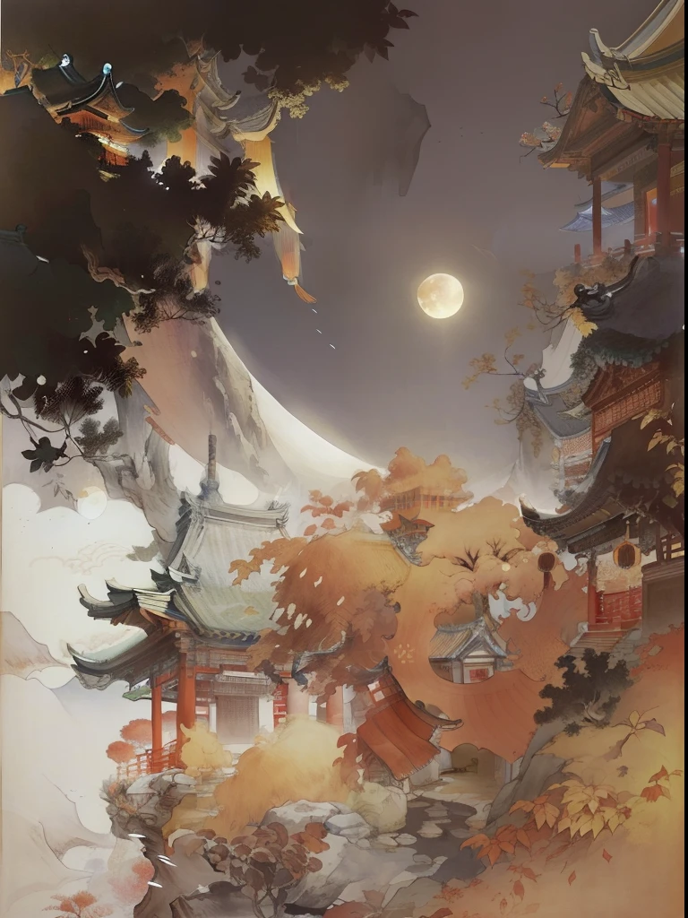 Ancient Chinese landscapes，Ancient buildings，Pavilions，Carved beams and paintings，enchanting scenery，Night，Moon light，Layered, Rich light and shadow,Mid-Autumn Festival, Ink painting style，clean color，Low-saturation colors，Colors of low brightness，Decisive cut，Leave white space，impressionistic，tmasterpiece，ultra - detailed，Epic composition,  HighestQuali，hyper realisitc，Art germ --v 6