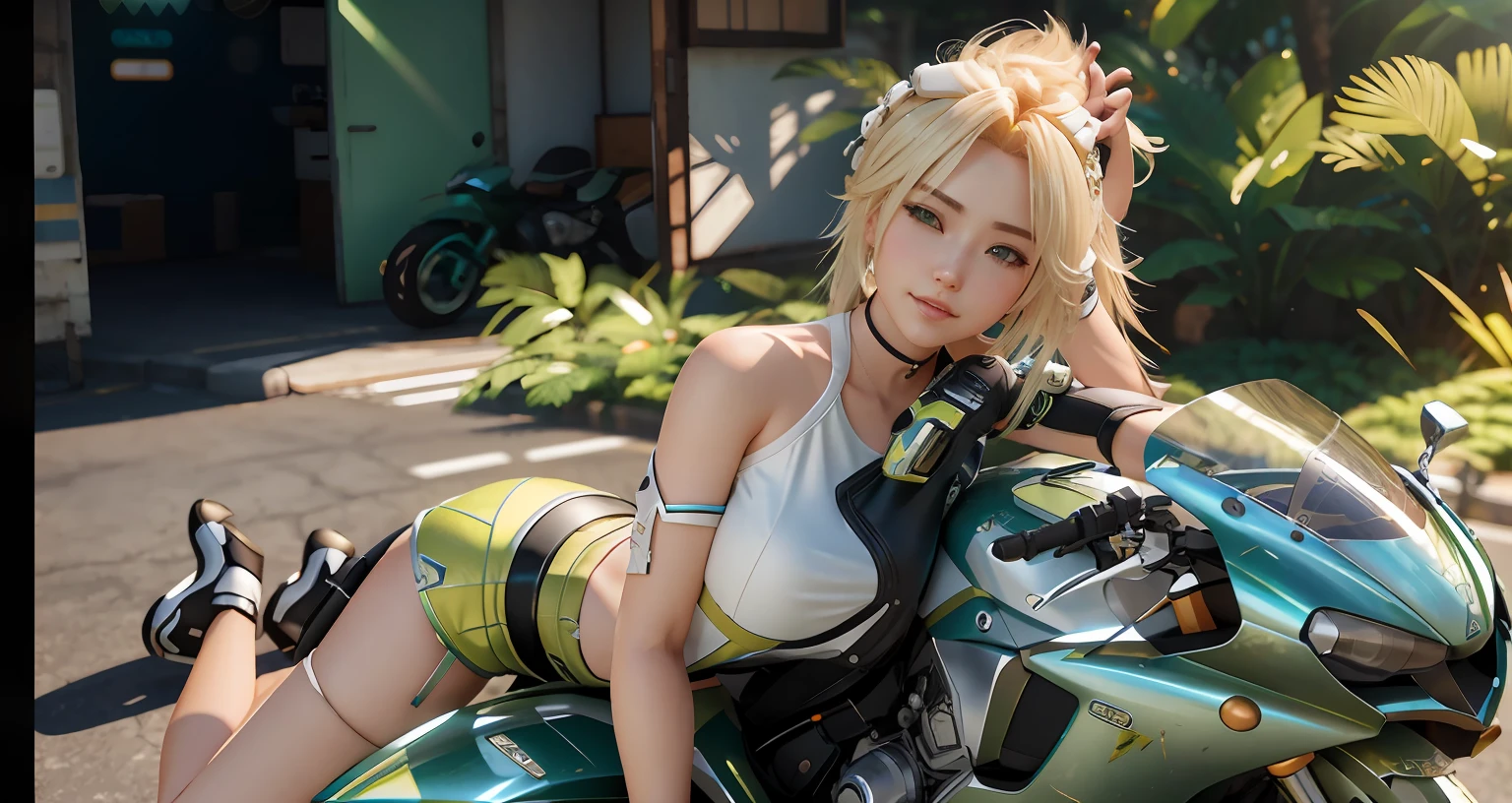 Blonde girl in white top and green shorts sitting on motorcycle, trending on cgstation, trending at cgstation, cgsociety and fenghua zhong, Guviz, sitting on cyberpunk motorbike, Guviz-style artwork, Game CG, 🌺 CGSesociety, perfect android girl, by Yang J, Ross Tran 8 K, stunning cgsociety