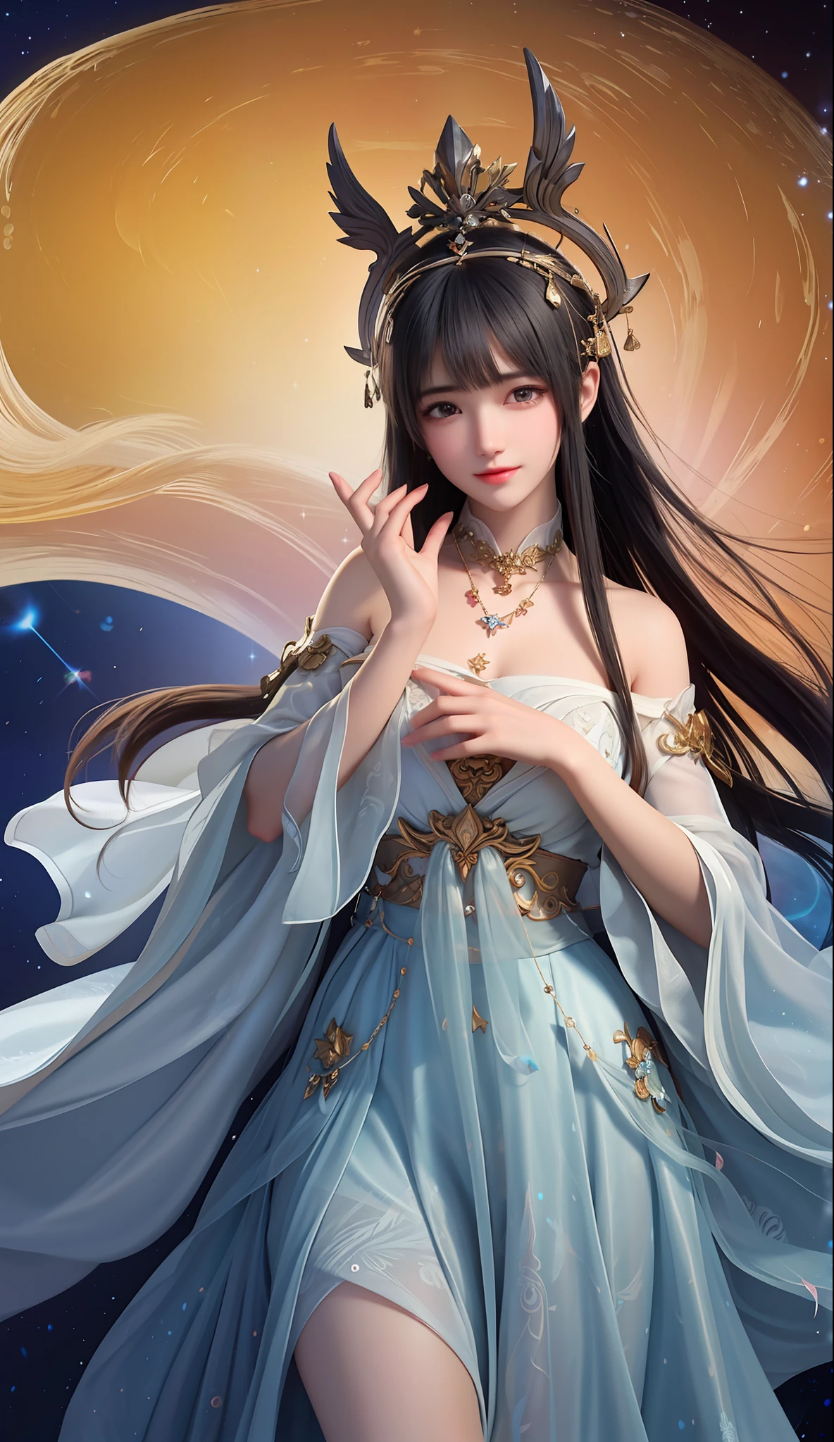 Under the deep and boundless cosmic starry sky,A goddess stood there,Her beauty and mystery are breathtaking。Her figure seemed so small in the starry night sky,But it exudes an indescribable grandeur。Her eyes sparkled like stars,Refracting the endless mysteries and beauty of the universe。
The goddess wore a tulle-like robe,the moonlight was shining on her body,Make her figure more dreamy。Her long hair flowed down her shoulders like a waterfall,Sway gently with the wind,Like a river of stars rippling in the night sky。
Her hands gently raised a splendid planet。,It's like holding the whole galaxy in the palm of your hand。Her gaze traveled through time and space,Explore the endless mysteries of the universe。Around her,Countless meteors pierced the night sky,Like the hem of her skirt fluttering gently。
Against this magnificent backdrop,The face of the goddess is like the brightest star,Gentle and firm。She seems to control the life and death of the entire universe,But with compassion,Caring for all beings in the world。Her presence,Make the starry sky more captivating,Make the universe more mysterious。
This cosmic goddess under the stars,It represents the endless mysteries of the universe,It also carries the endless yearning of human beings。She is like a symbol of eternity,Always standing there,Guard the sea of stars。