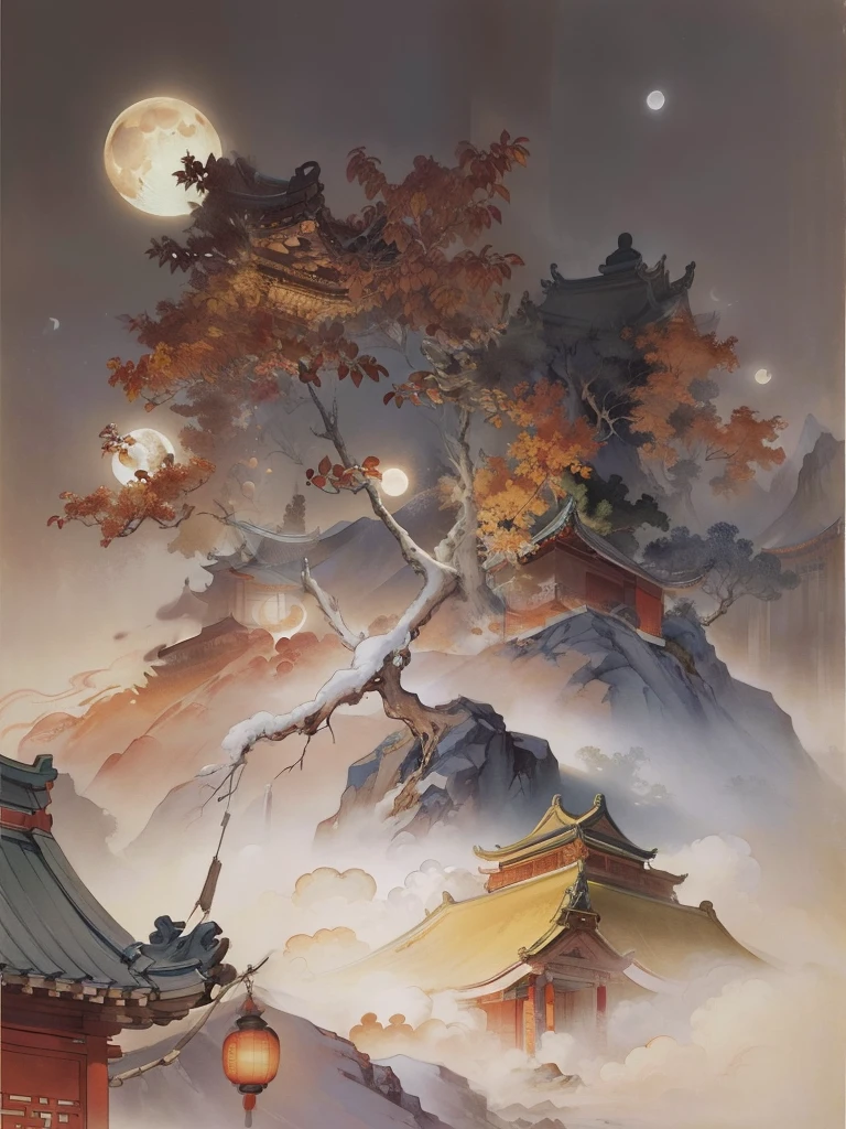 Ancient Chinese landscapes，Ancient buildings，Pavilions，Carved beams and paintings，enchanting scenery，Night，Moon light，Layered, Rich light and shadow,Mid-Autumn Festival, Ink painting style，clean color，Low-saturation colors，Colors of low brightness，Decisive cut，Leave white space，impressionistic，tmasterpiece，ultra - detailed，Epic composition,  HighestQuali，hyper realisitc，Art germ --v 6