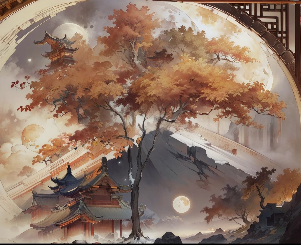 Ancient Chinese landscapes，Ancient buildings，Pavilions，Carved beams and paintings，enchanting scenery，Night，Moon light，Layered, Rich light and shadow,Mid-Autumn Festival, Ink painting style，clean color，Low-saturation colors，Colors of low brightness，Decisive cut，Leave white space，impressionistic，tmasterpiece，ultra - detailed，Epic composition,  HighestQuali，hyper realisitc，Art germ --v 6