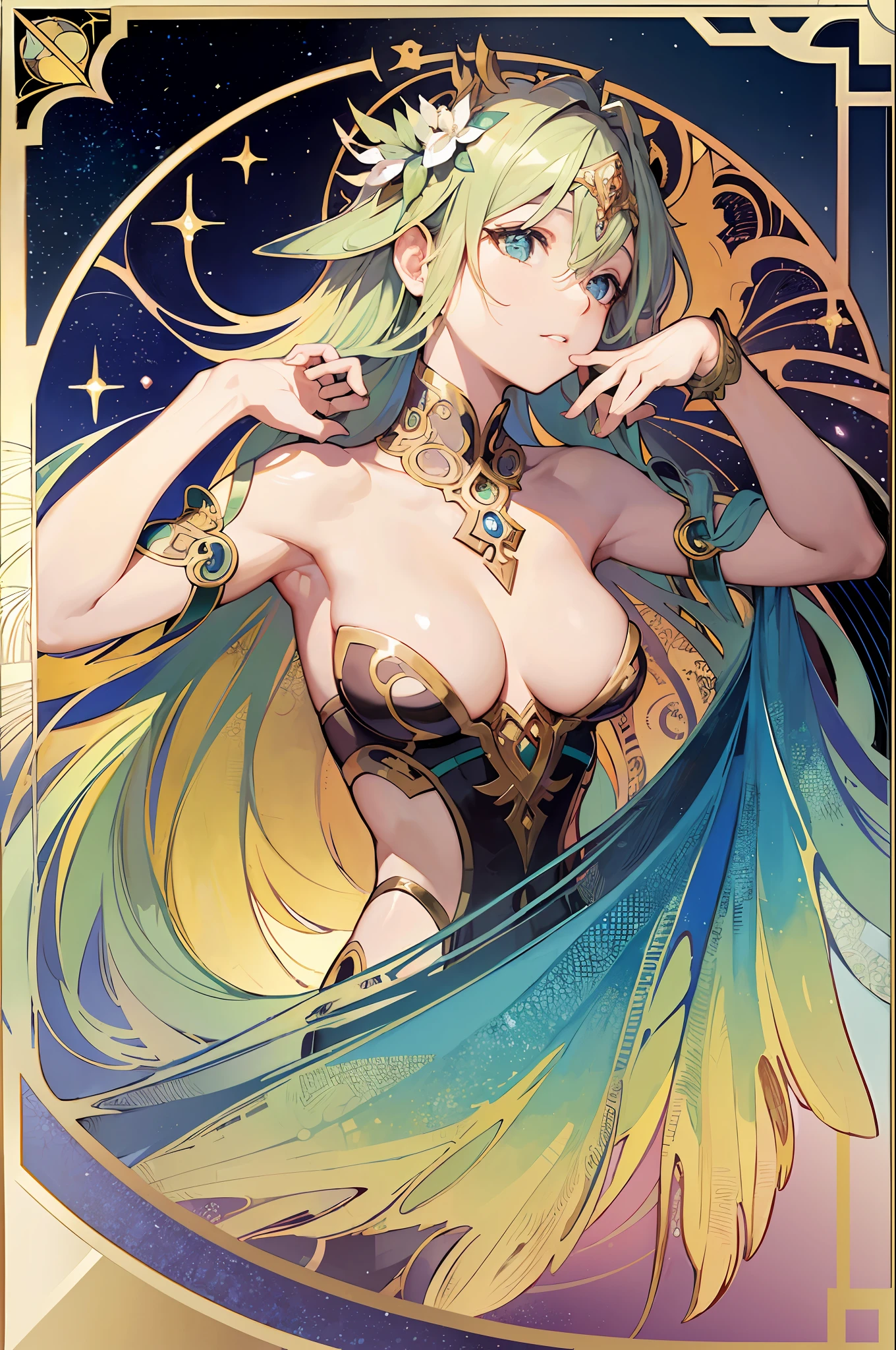 Personification of topaz、adult lady、Frame Brazil、Decorative panel、abstract art、By Alphonse Mucha (masterpiece、top-quality、hight resolution: 1.4)、More about realism、intricate-detail、4K、color splashes、line-drawing、Fibonacci、Tarot Cards