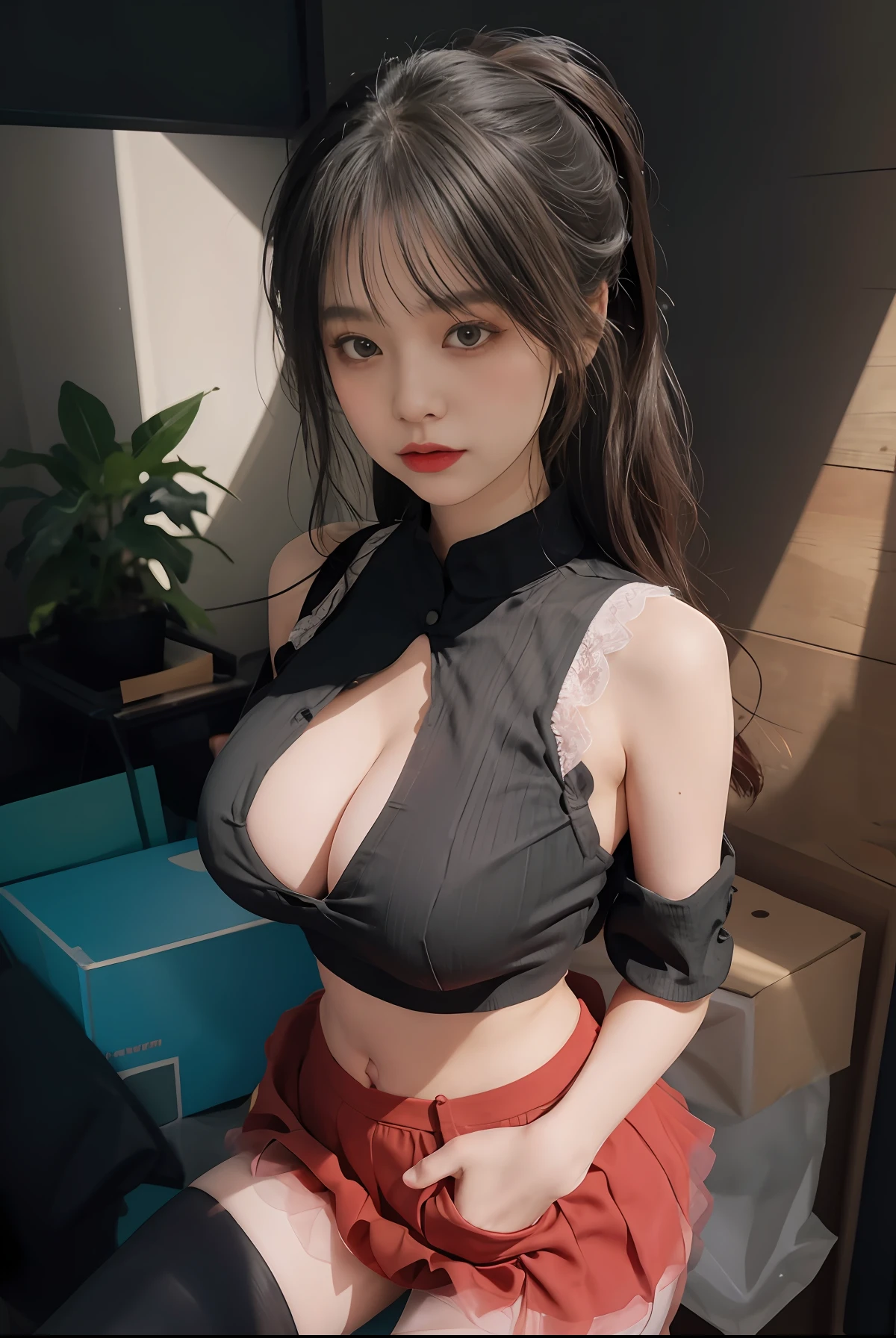 tmasterpiece：1.2，best qualtiy），hentail realism，（Real pictures，rich detail details，depth of fields），（1个Giant Breast Girl，独奏），putting makeup on，high detal，Perfect face shape，（：1.4），（dent in the skin），Thigh thick，Wide hips，Thin waist，highr，coral，Redlip，red eyes，pony tails（Kizi，Shallow tulle，Tulle transparent），（sweat leggs：1.2），（dampness），Raised sexy，Be red in the face，（shyexpression）， vests，Harnes，belly-bar，shorter pants，Hosiery，Yoga pants for，Tight skirt，skin-tight short-pants，stocklings，fishnet stockings，pyjamas，pleatedskirt，Skirt，Skirt that wraps hips，There are flowers on the clothes，Full body like，full bodyesbian