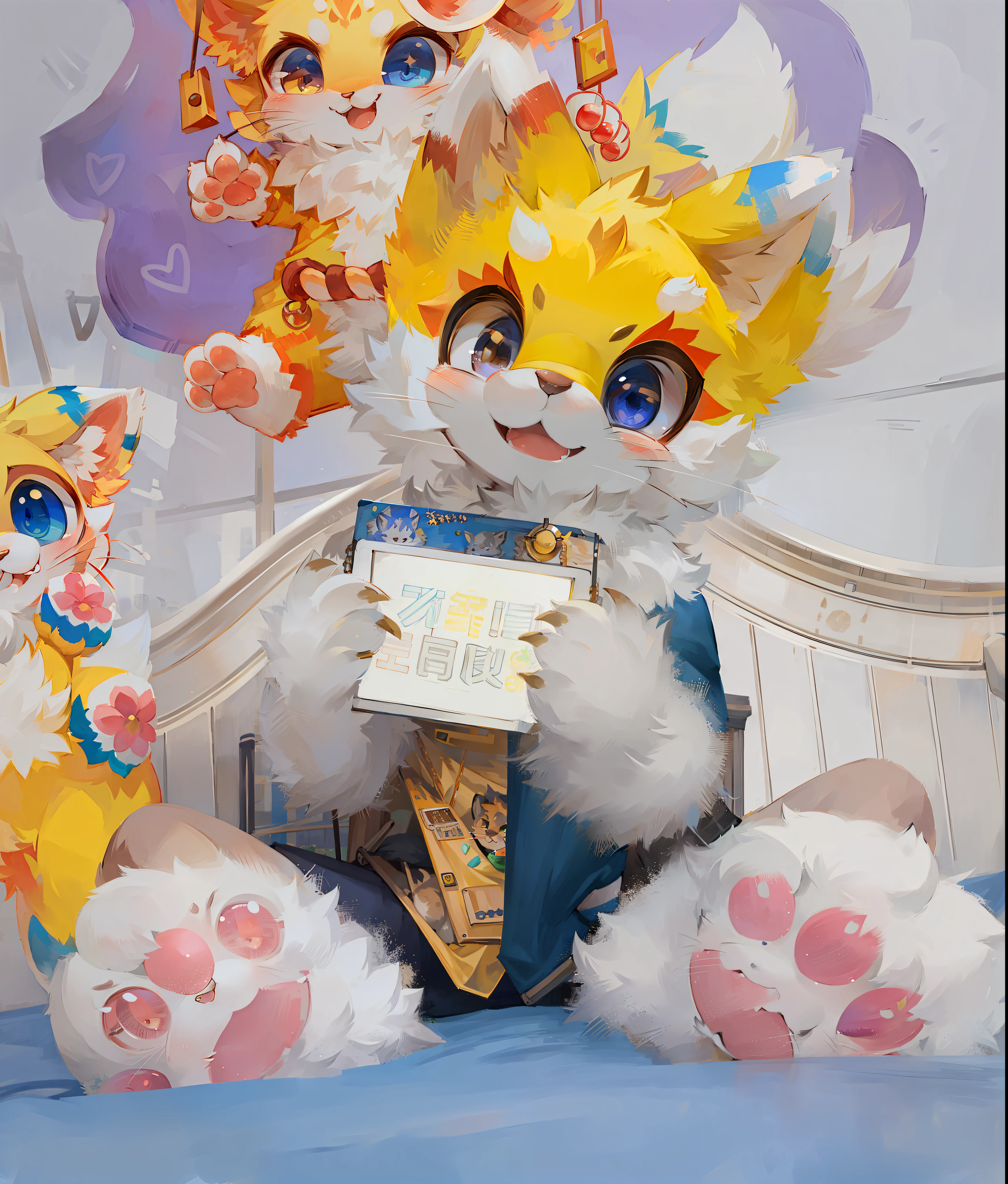 masterpiece, high quality portrait, anthro, furry, (cub), (whiskers), solo child boy, friendship bracelet, (on swing), casual wear, yellow outerwear, (laughing), playground, (by kekitopu)