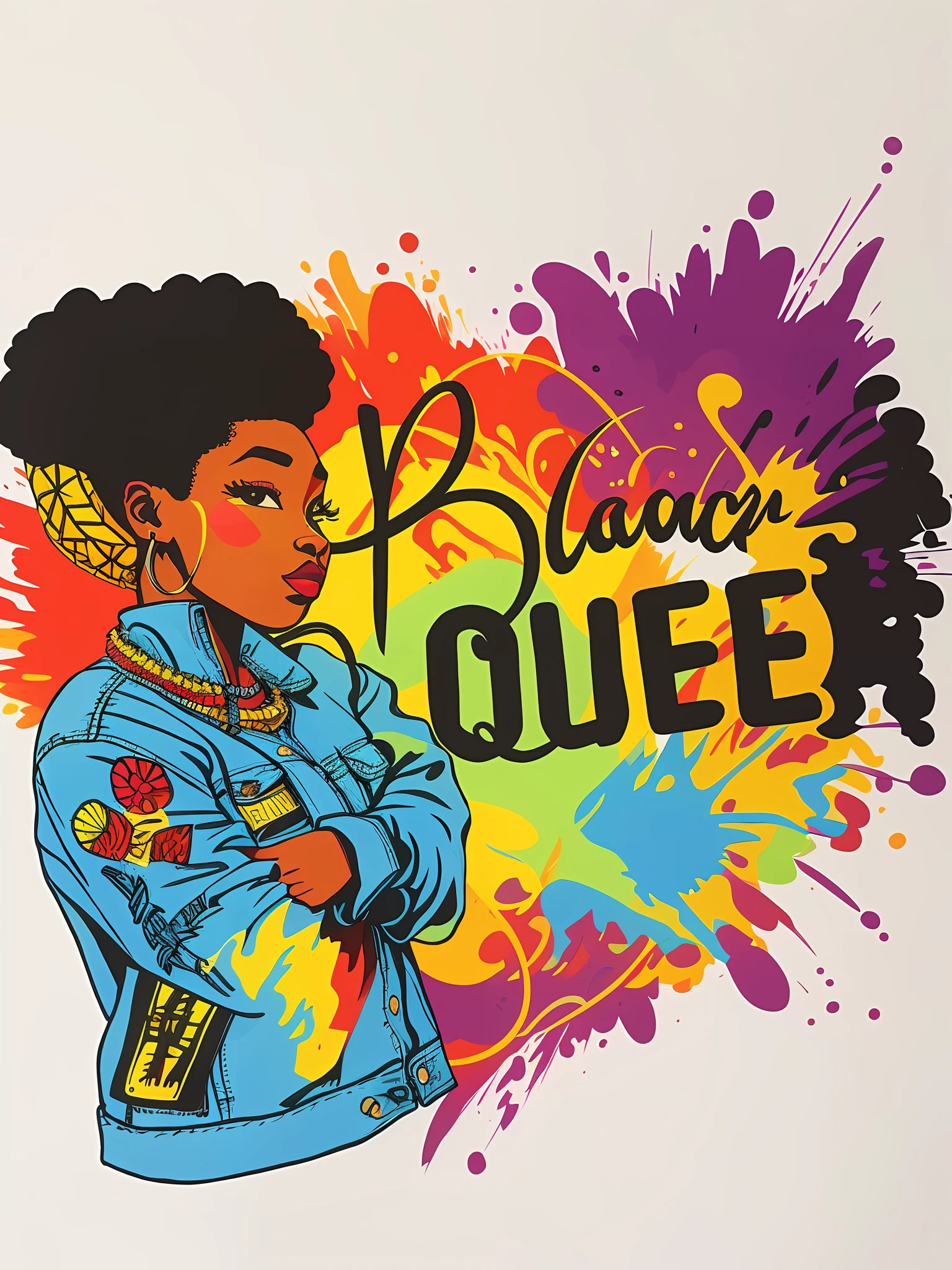 Close-up of a woman in a denim jacket,colorful splashs, african queen, Beautiful Queen, goddess queen, lovely queen, black main color, Black girl, black ink & copic markers, black african princess, splash of color, black quick, multicolored tshirt art, black art, illustration black outlining, black color, Black woman,Vintage illustration,Retro,Graphic illustration,planar,2D