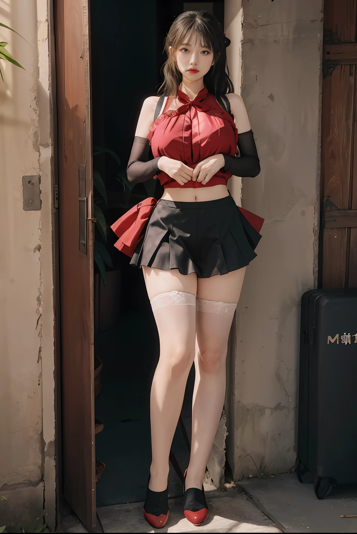 tmasterpiece:1.2,best qualtiy),hentail realism,(Real pictures,rich detail details,depth of fields),(1个Giant Breast Girl,独奏),putting makeup on,high detal,Perfect face shape,(:1.4),(dent in the skin),Thigh thick,Wide hips,Thin waist,highr,coral,Redlip,red eyes,pony tails(Kizi,Shallow tulle,Tulle transparent),(sweat leggs:1.2),(dampness),Raised sexy,Be red in the face,(shyexpression), vests,Harnes,belly-bar,shorter pants,Hosiery,Yoga pants for,Tight skirt,skin-tight short-pants,stocklings,fishnet stockings,pyjamas,pleatedskirt,Skirt,Skirt that wraps hips,There are flowers on the clothes,Full body like,full bodyesbian