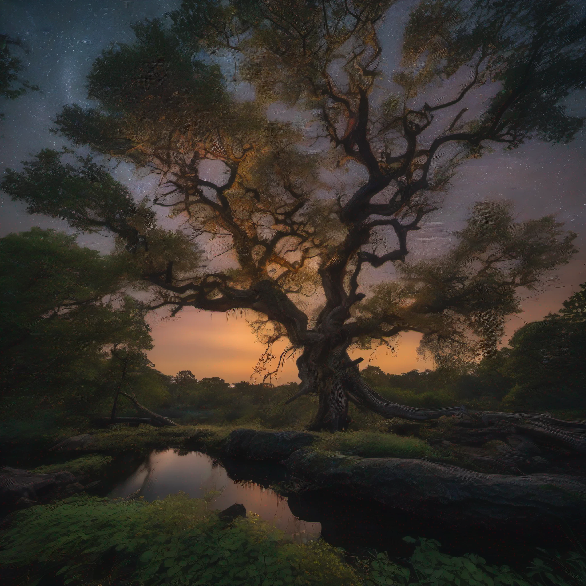 "An enchanting twilight scene in a dense forest, an ancient gnarled tree at the center, luminous fireflies weaving intricate patterns in the air, ethereal glow of the moon peeking through the foliage. Moody and atmospheric, rich in colors with a blend of mystery. Captured with a Canon EOS R5, wide-angle lens, f/2.8, ISO 800, long exposure. --v 5 --q 2 --ar 16:9"