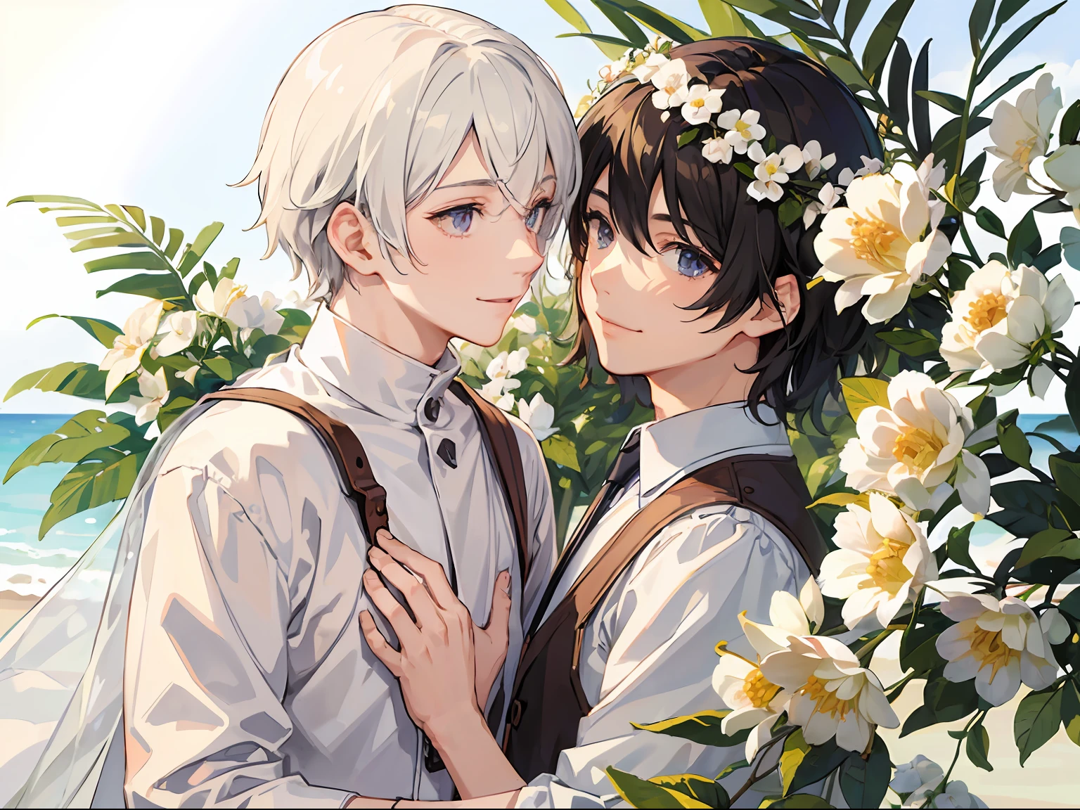 (detailed light),(detailed eyes), (sunlight), (2male:1.5),gay male, adult man,((eye contact)),smile,summer,flower