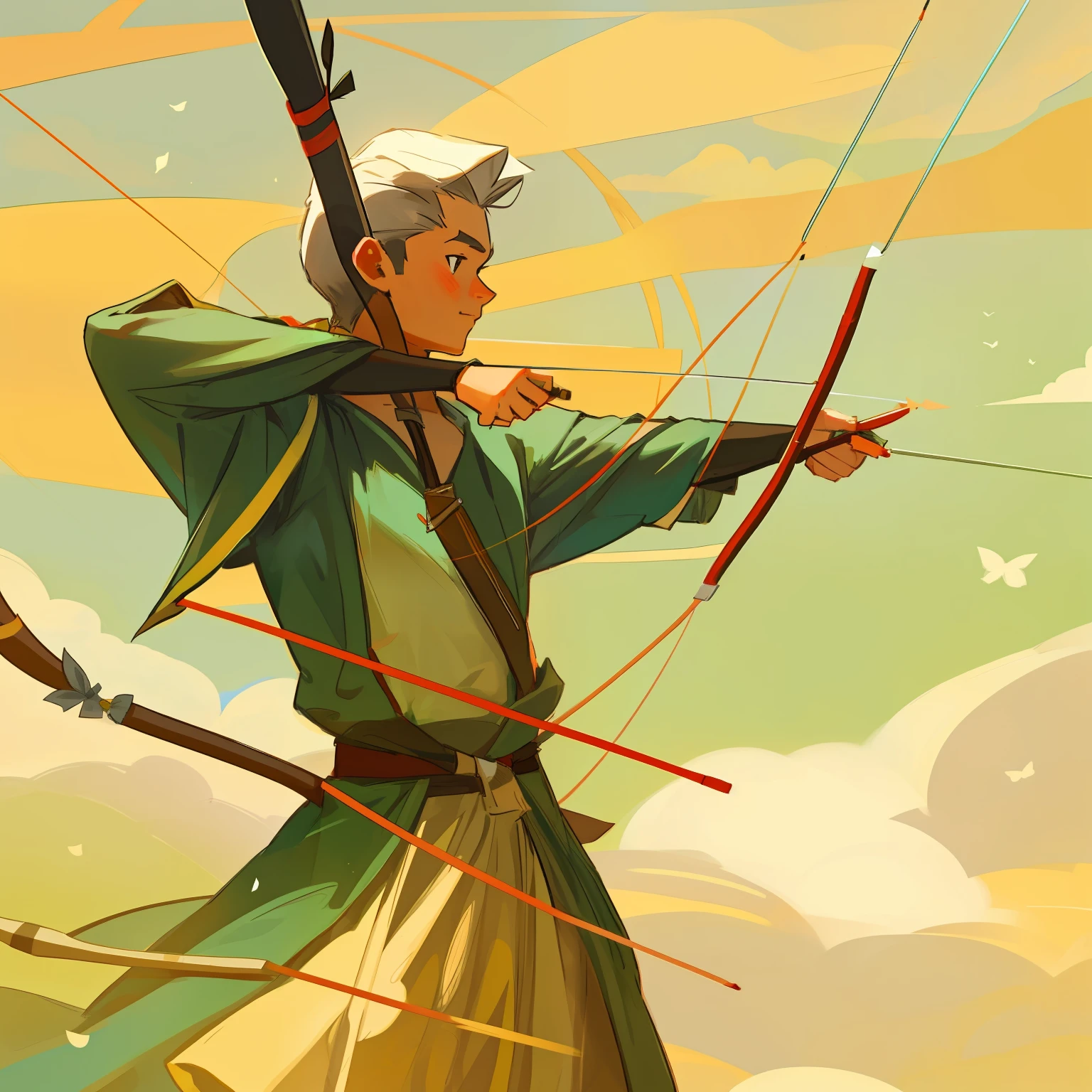 there is a man with a bow and arrows in his hand, an archer boy, with a bow and arrow, holding a bow and arrow, pointing his bow, robin hood, drawing an arrow from his quiver, holding a bow and arrow, game illustration, archer bow, holding a longbow, a beautiful artwork illustration, hold mechanical bow and arrow, bow and arrow