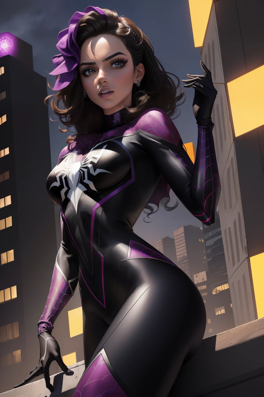 (obra-prima, melhor qualidade), detalhes intrincados,
1girl, Mulher Aranha, traje preto com detalhes roxos e brancos, mascara de homem Aranha, Black Spider-Man mask with purple neon details in the eyes, technological suit, Superheroíne, Nova Iorque, on top of a building, dramatic pose, cidade normal, de dia, raios de luz, luzes super detalhadas, spider symbol on costume chests