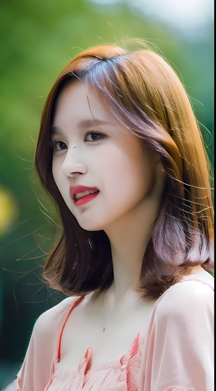 Mina, ((Best quality, 8K, Masterpiece: 1.3)), Upper body (1.3), Outstanding style, Natural makeup, Clothes for emphasis, Refreshing, Have lunch at a café in the sun,Walk through the trees of the city