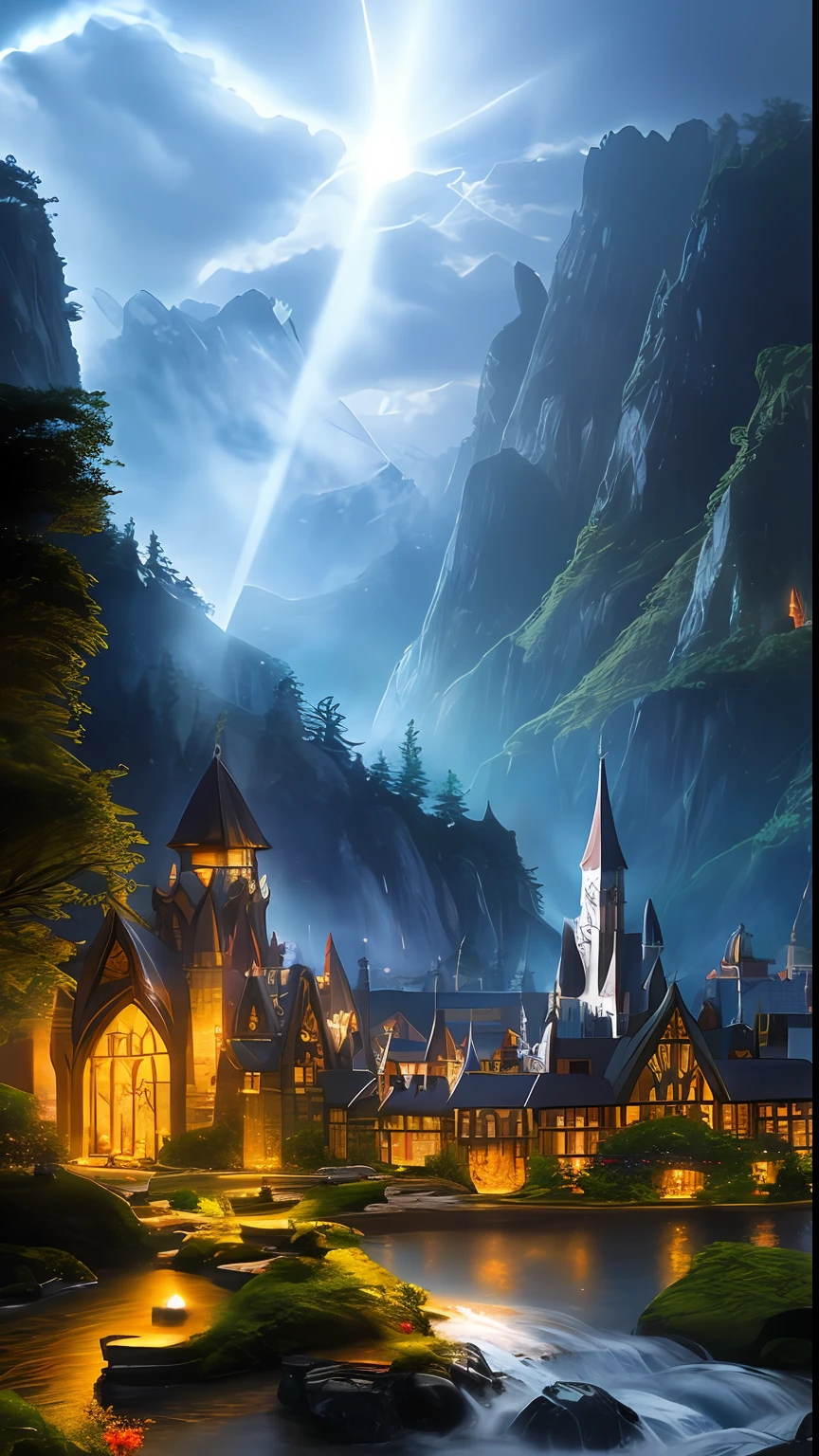 Divine Light, Sharp Focus, Elf, Elf Building, Elven City, Royal City, Stunning Landscape, Landscape, Landscape, Rain, Dark Fantasy, Suspense