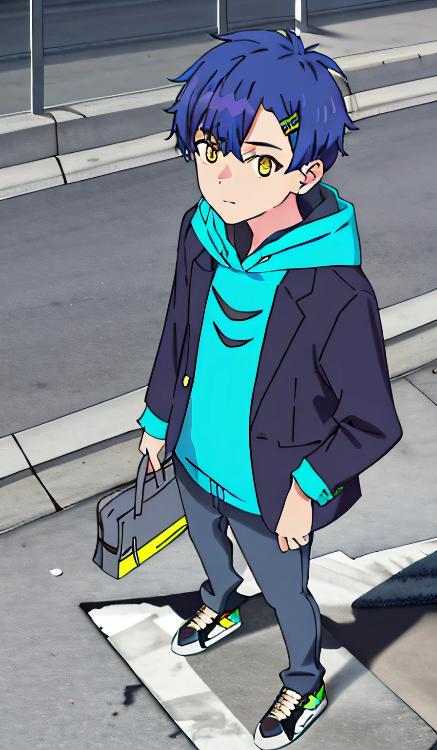 masterpiece, best quality, asanaka yomogi, 1boy, solo, male focus, blue hair, orange eyes, hair ornament, looking at viewer, blue hoodie, black jacket, black pants, sneakers, yellow backpack