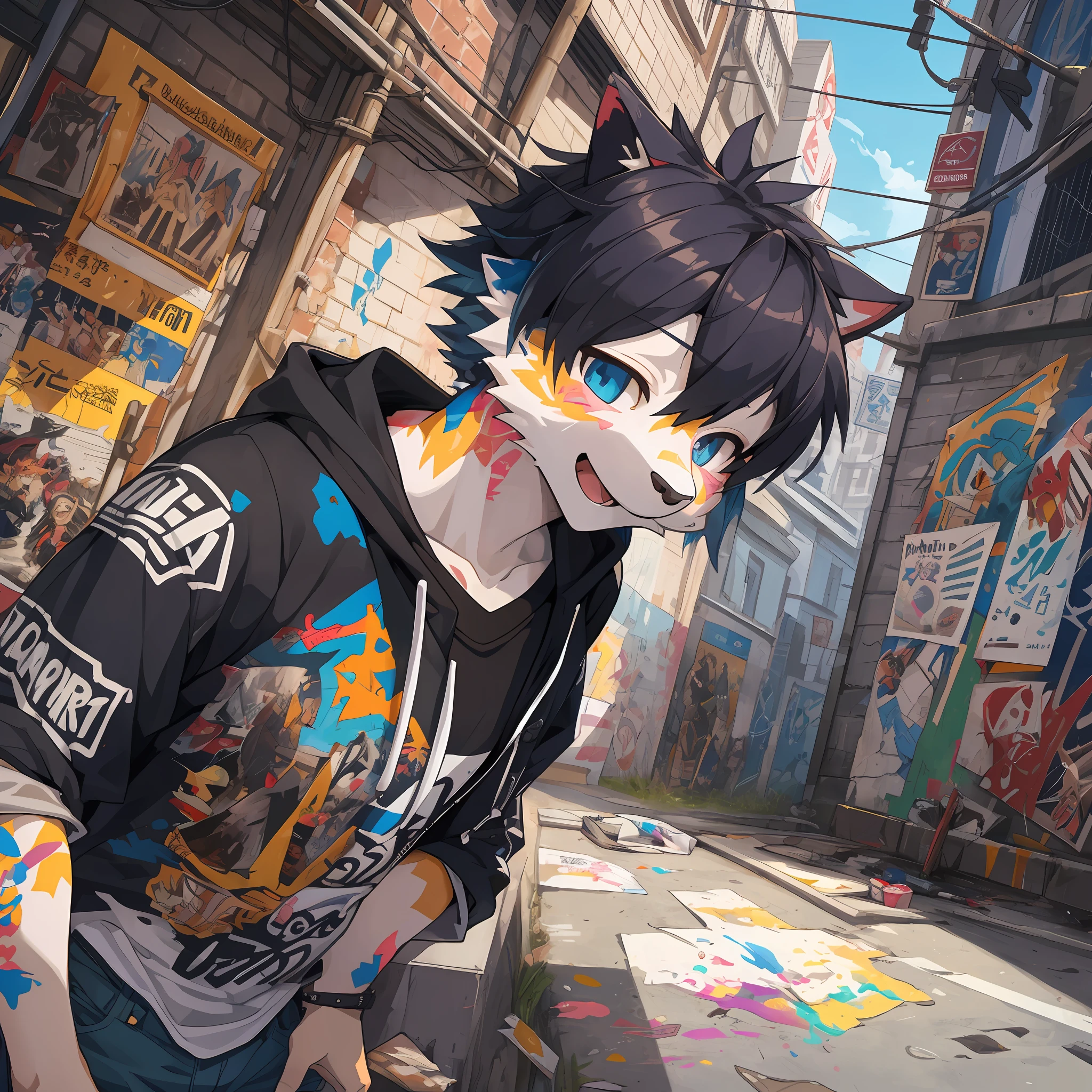 dynamic angle, top quality, best quality, High-quality illustrations, masterpiece, super high resolution, detailed background, detailed background, Stylish CD jacket, punk rock, Clothes that are torn, street, Concrete wall scribbled with paint, group shot:0.1, 6+boys, 6+girls, Happy, joyful, absurdres(highly detailed beautiful face and eyes)perfect anatomy(kemono, furry anthro),