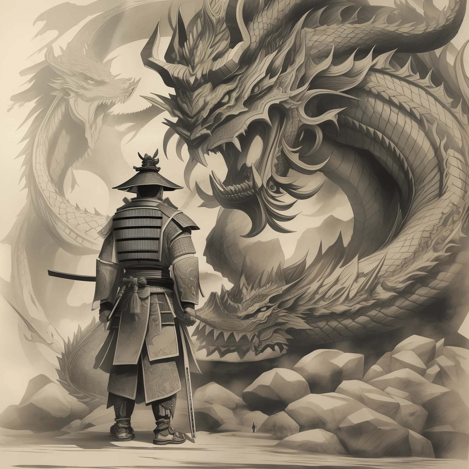 Ink sketch samurai worrier standing in front of dragon head, highly detailed
