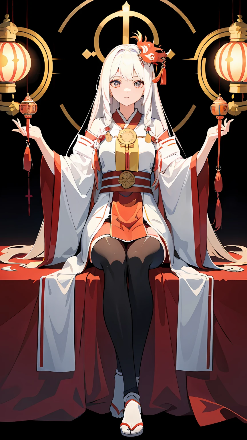 Anime girl sitting on table,The background is a lantern, white-haired god, Onmyoji detailed art, onmyoji, Anime goddess, onmyoji portrait, Palace , A girl in Hanfu, Japanese goddess, azur lane style, dressed as an oracle, 《azur lane》role, A scene from the《azur lane》videogame
