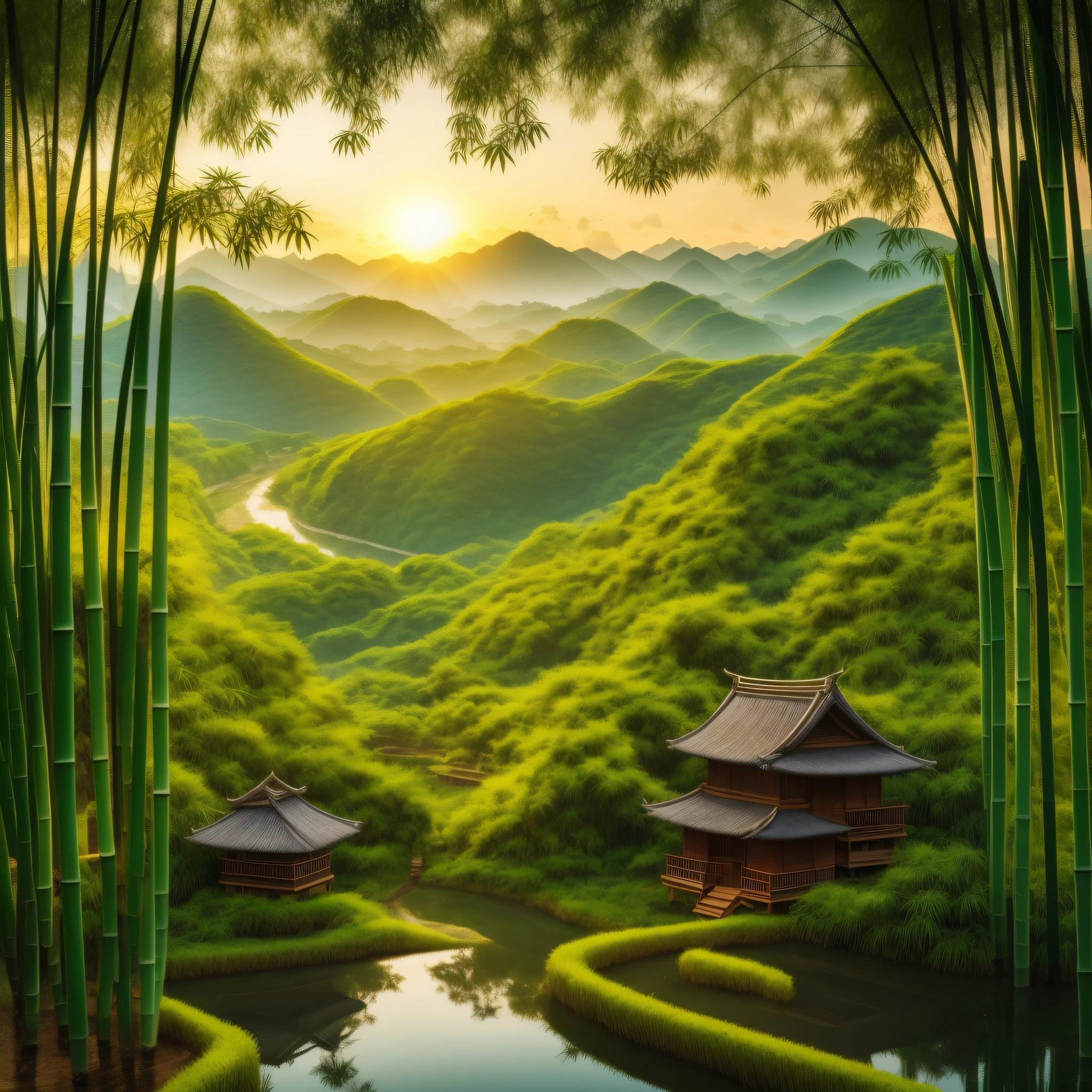 Pure landscape view，vale、bamboo huts、It was raining in the bamboo forest、bamboos、Bamboo leaves fall everywhere。evening light、Beautiful artistic conception、the sunset、precipice、Green、Clearly visible small fish