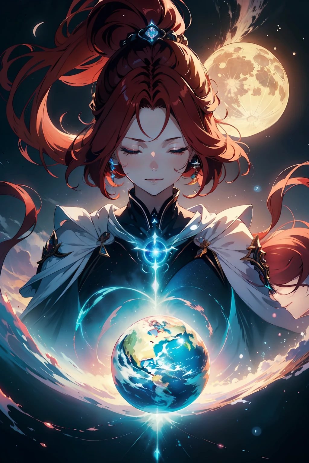 (tmasterpiece、Need、ultra-delicate、A high resolution),1goddess,(Long red hair、Eye hemorrhoids、closing her eyes、ssmile),background starry sky,planet earth,suns,themoon,Divine light,The characters radiate holy light,offcial art,Extremely detailed,(The upper part of the body、Front lens)