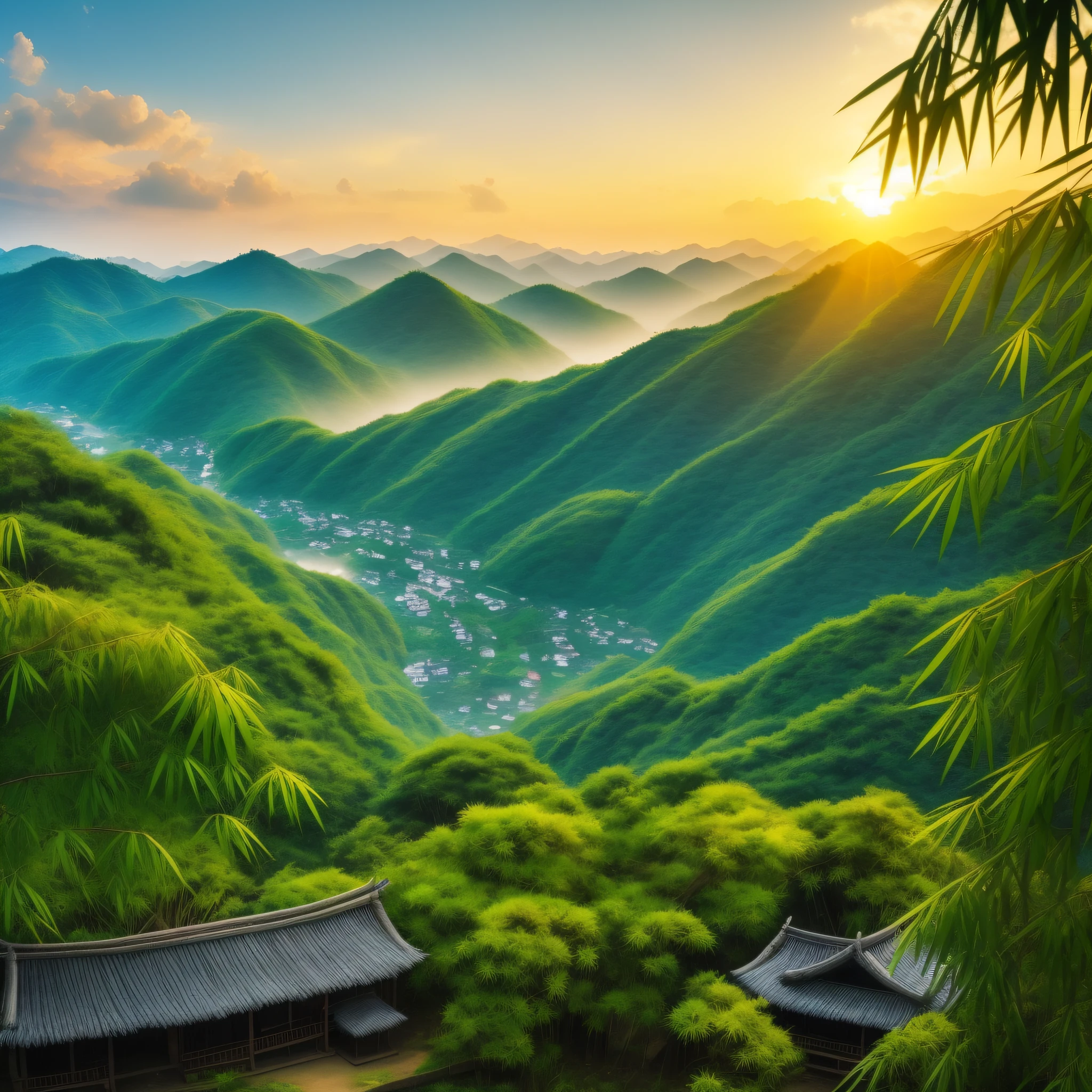 Pure landscape view，vale、bamboo huts、It was raining in the bamboo forest、bamboos、Bamboo leaves fall everywhere。evening light、Beautiful artistic conception、the sunset、precipice、Green、Clearly visible small fish