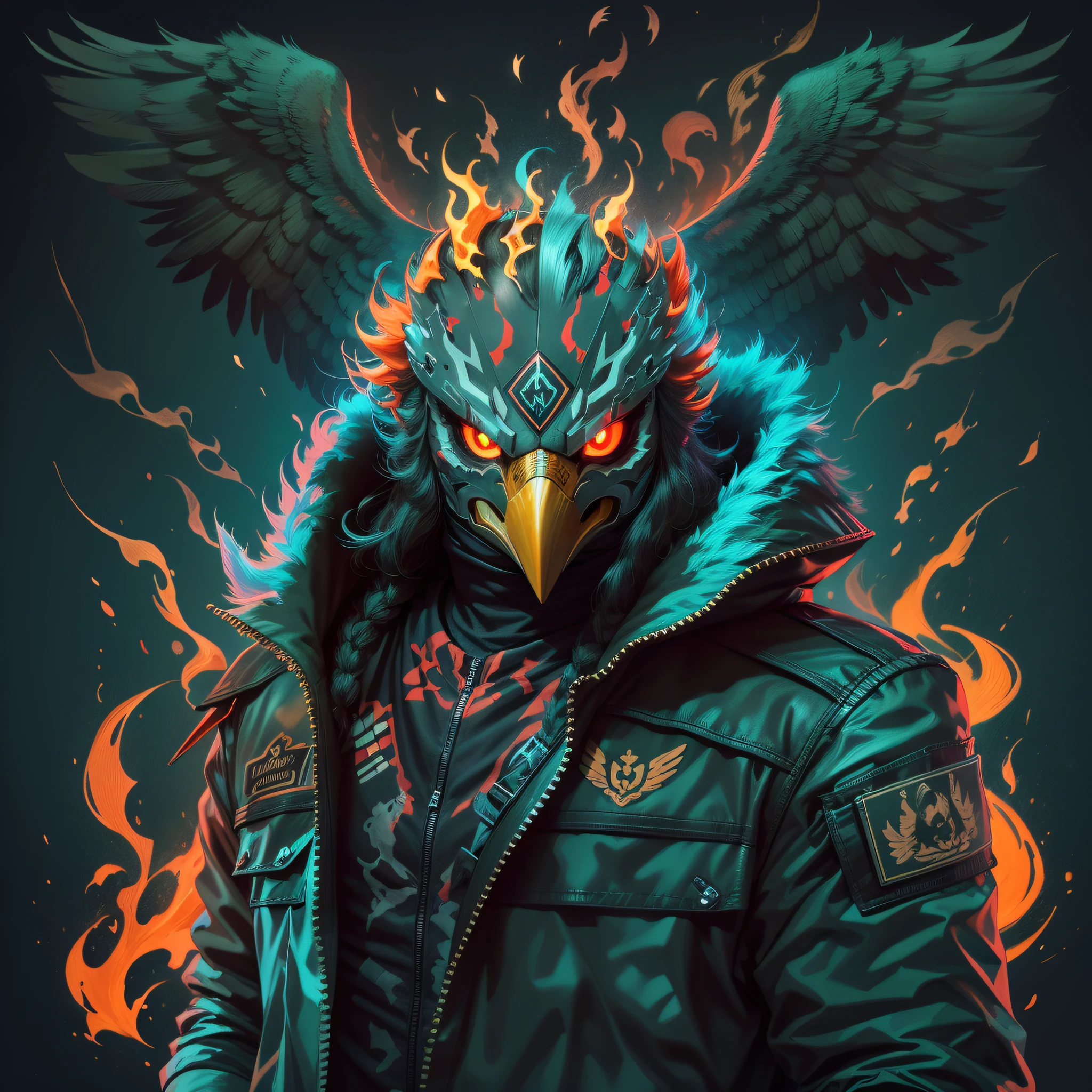 arte oficial, Unity 8k papel de parede, ultra detalhado, bonito,so the hawk man head with anthropomorphic fire aura ,neon eagle mask, com jaqueta preta, com cara de bravo, ,fofo, bonitinho, baixinho, kawaii, desenho 2