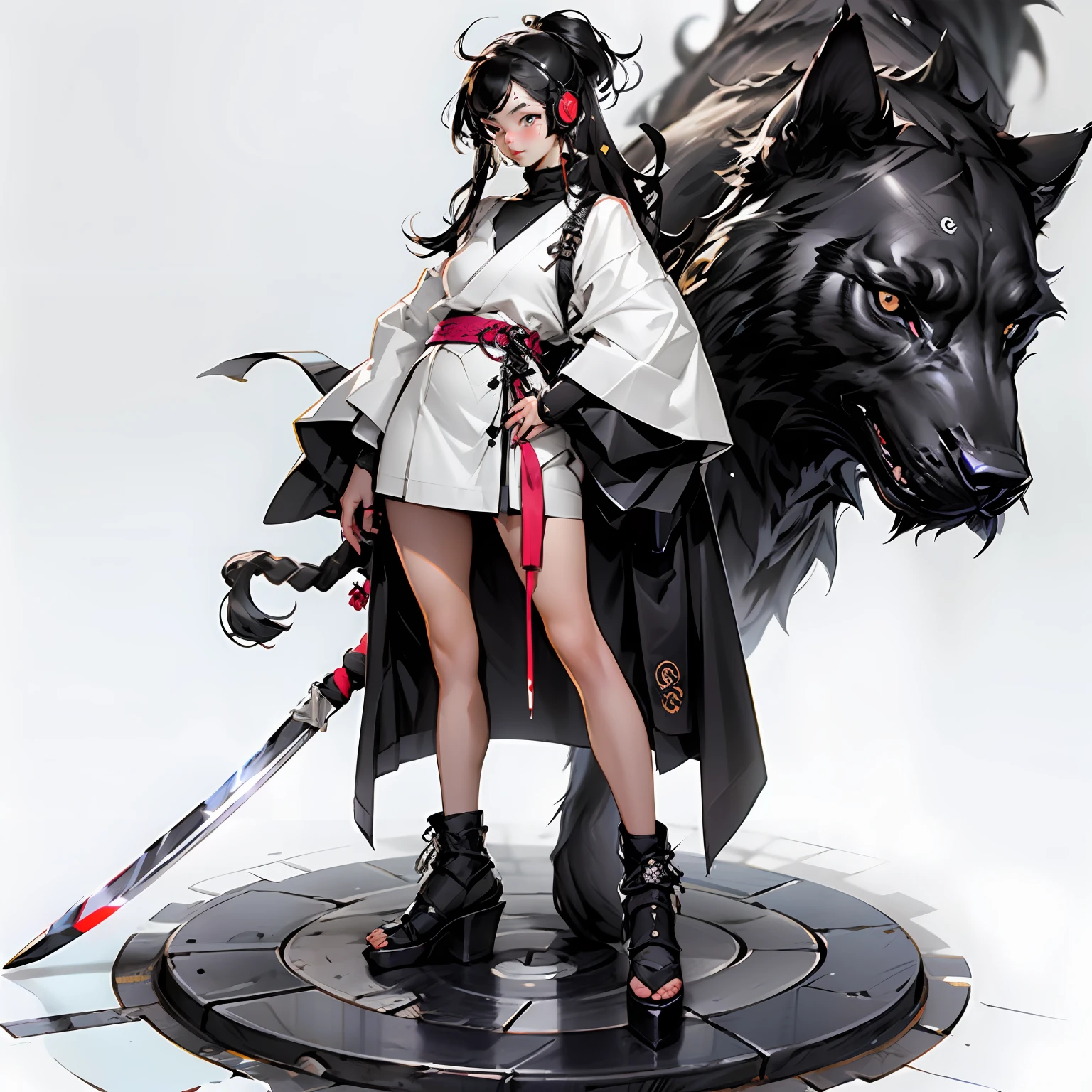 Create an AI illustration of a young girl with absurdly long hair, hime cut, white and black hair, two-tone hair, beautiful detailed hair, black eyes,cat_year headphones. She resembles a samurai, holding a big spear, while standing on battlefield. She wears Samurai armor, yet pairs it with a miniskirt,black platform shoes showcasing her unique style. Please generate the illustration in the highest quality possible.Please generate the illustration in the highest quality possible.