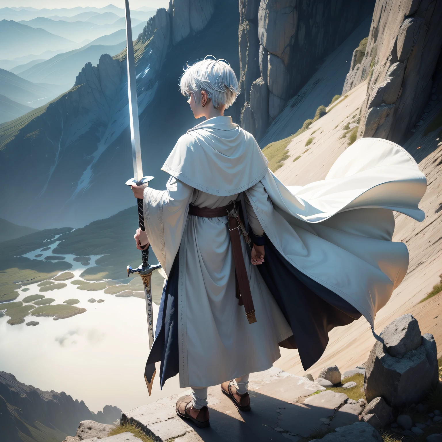 The boy with silver hair, antique white robe, sword on his back, standing on the top of the mountain