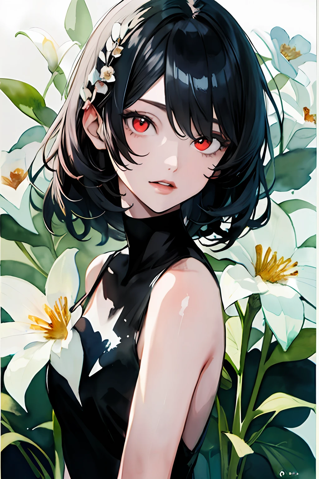 (watercolor:1.2),1girl, solo, flower,black hair,red eyes