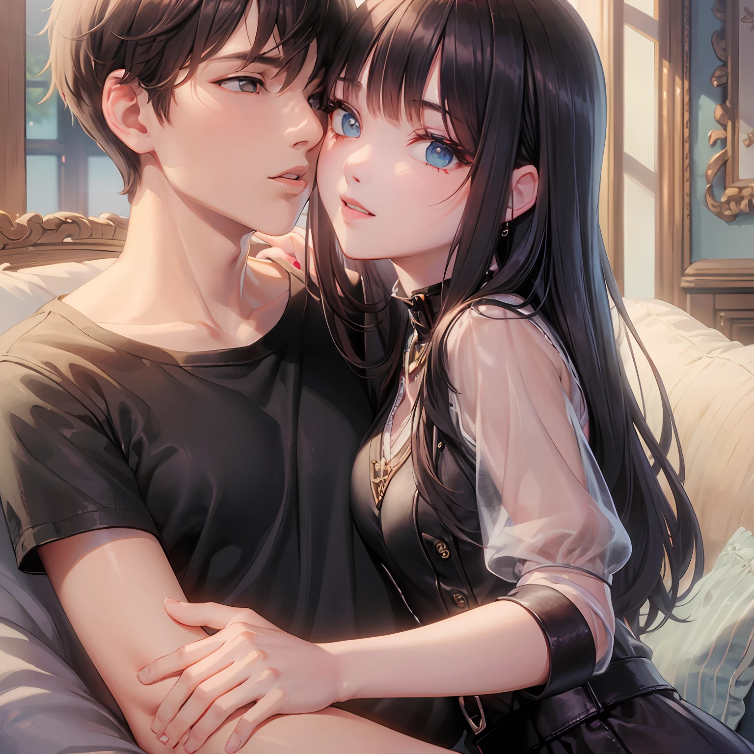 Inglaterra Cara com pele clara, medium black hair, His eyes are brown, ele usa roupas emo, and is kissing an Asian woman with medium black hair with a front bangs, pele branca, olhos rosa, goth clothing