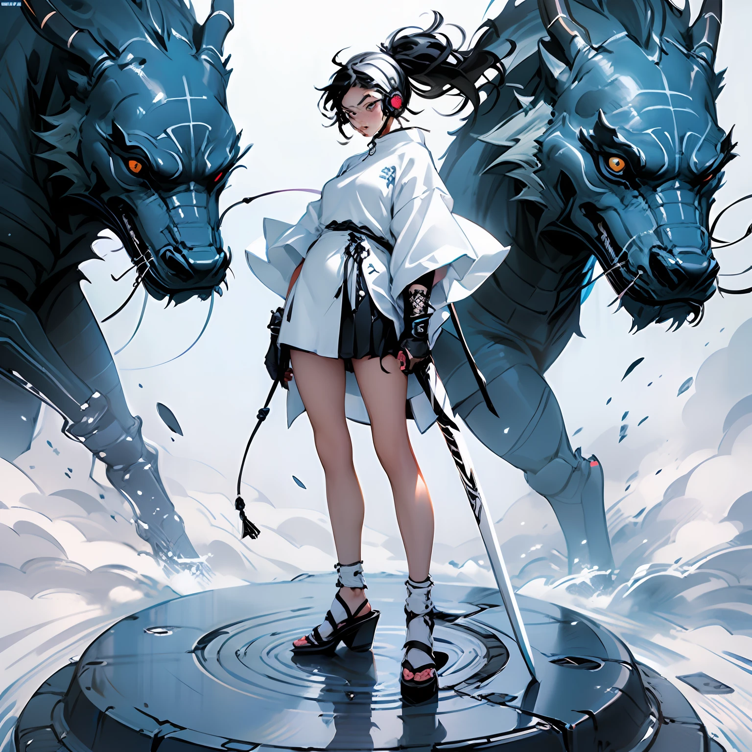 Create an AI illustration of a young girl with absurdly long hair, hime cut, white and black hair, two-tone hair, beautiful detailed hair, black eyes,cat_year headphones. She resembles a samurai, holding a big spear, while standing on  battlefield. She wears Samurai armor, yet pairs it with a miniskirt,black platform shoes showcasing her unique style. Please generate the illustration in the highest quality possible.Please generate the illustration in the highest quality possible.