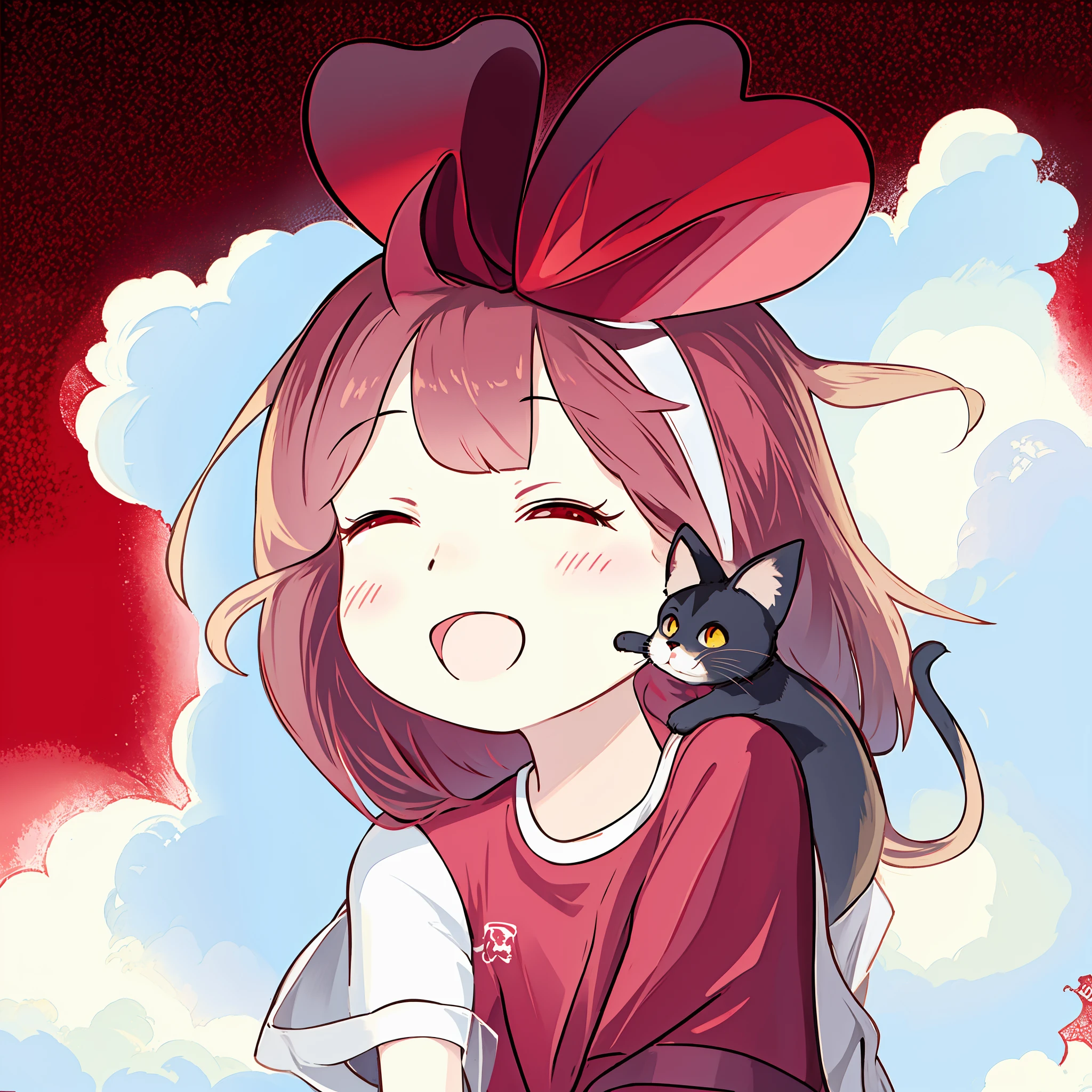 tmasterpiece,high qulity,high detal,Draw a girl,There is a cat on the shoulder, There is a red bow on the head, anime cat, clean anime outlines, in an anime style, anime style drawing,Clouds,Spaceship,Bright picture,red blouse,Black color hair,Blue minimalist style
