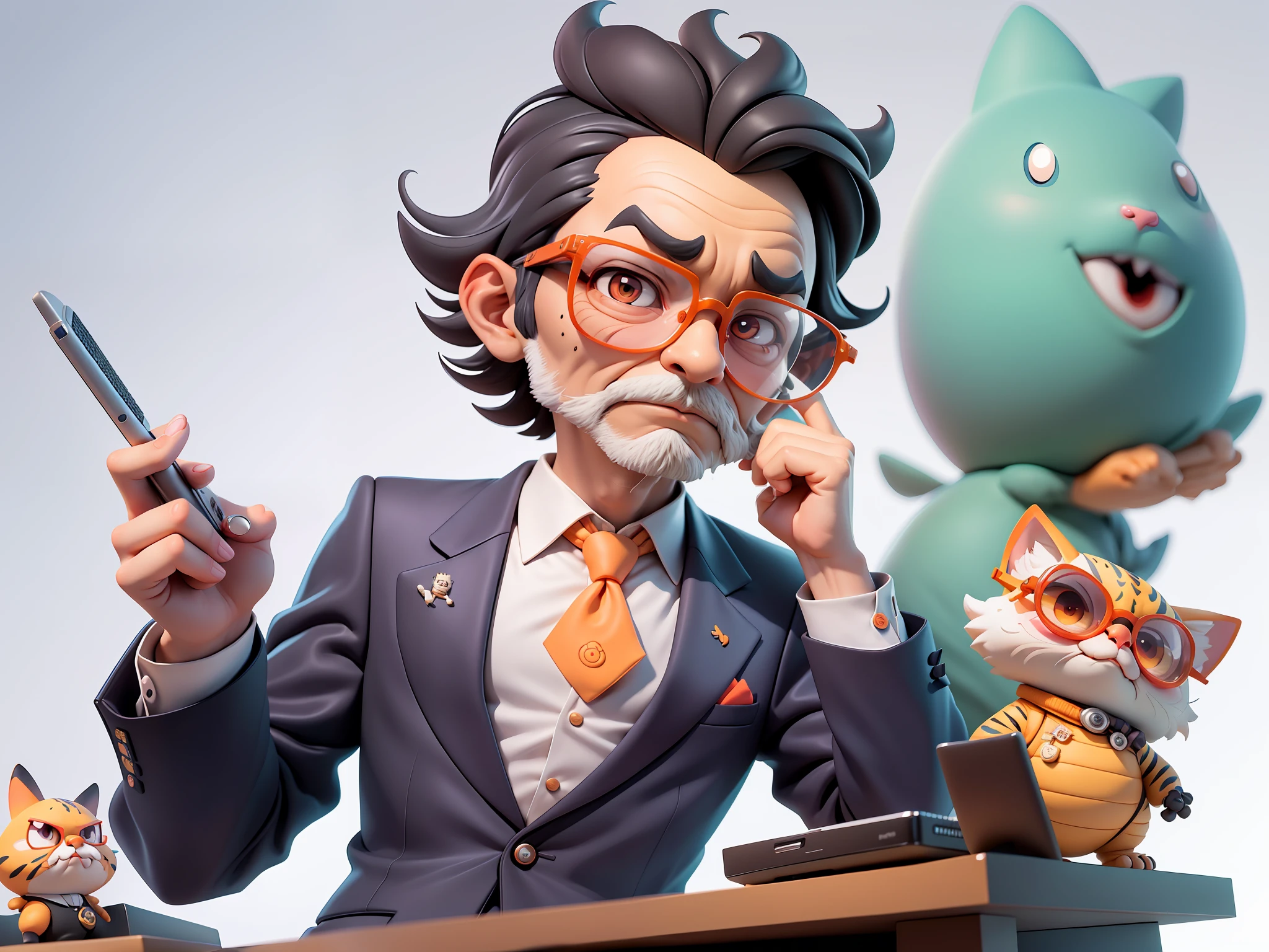 A young man in formal clothes,Short hair and glasses,Sitting at your desk,holding laptop,digitial painting,cartoonish style,4K HD illustration,Very detailed facial features,tigre,Mark Clairdon,by Pixar,3D character design:Hayao Miyazaki and Akira Toriyama, Cartoon-style visuals。