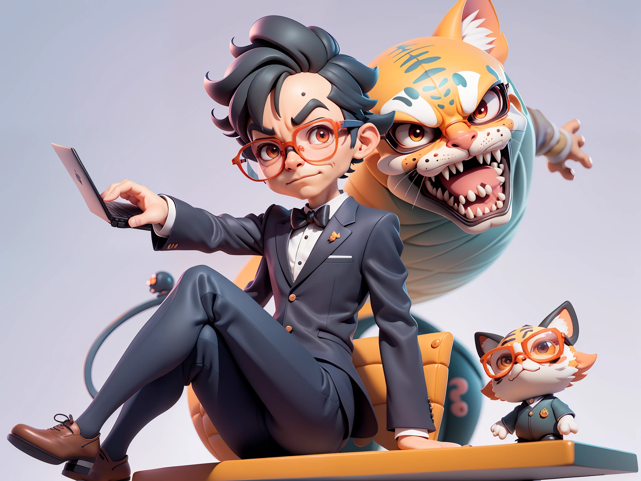 A young man in formal clothes，Short hair and glasses，Sitting at your desk，holding laptop，digitial painting，cartoonish style，4K HD illustration，Very detailed facial features，tigre，Mark Clairdon，by Pixar，3D character design：Hayao Miyazaki and Akira Toriyama, Cartoon-style visuals。