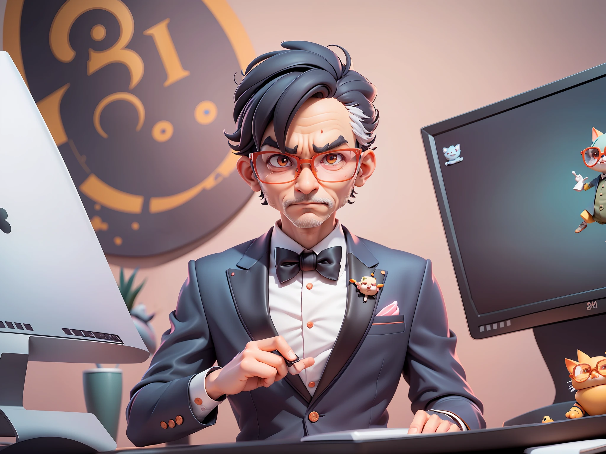 A young man in formal clothes,Short hair and glasses,Sitting at your desk,holding laptop,digitial painting,cartoonish style,4K HD illustration,Very detailed facial features,tigre,Mark Clairdon,by Pixar,3D character design:Hayao Miyazaki and Akira Toriyama, Cartoon-style visuals。