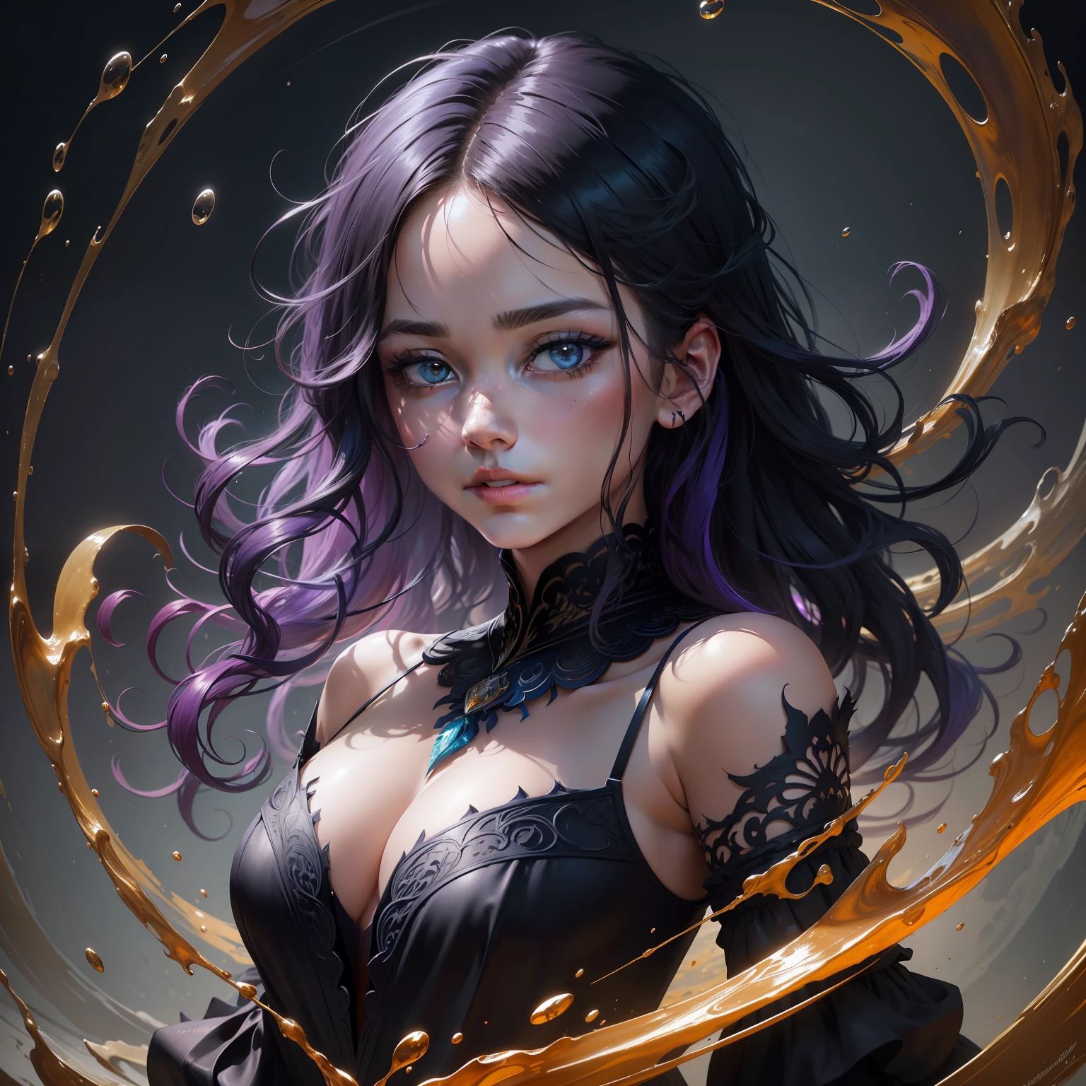 Colorful beautiful girl: a giru 8 , messy hair, oil painting, pretty perfect face with soft skin ice perfect face, blue-yellow, light purple and purple added, light red added, intricate details, splash screen, 8k resolution, masterpiece, cute face, artstation digital painting smooth very black ink flow: 8k resolution realistic masterpiece: Intricate details Fluid gouache: By Jean Baptiste Mongue: Calligraphy: Acrylic: watercolor art, professional photography, natural lighting, volumetric lighting, minimalism Photographic illustration: by Marton Bobzert:, complex, elegant, expansive, fantastical, wavy curls, vibrant