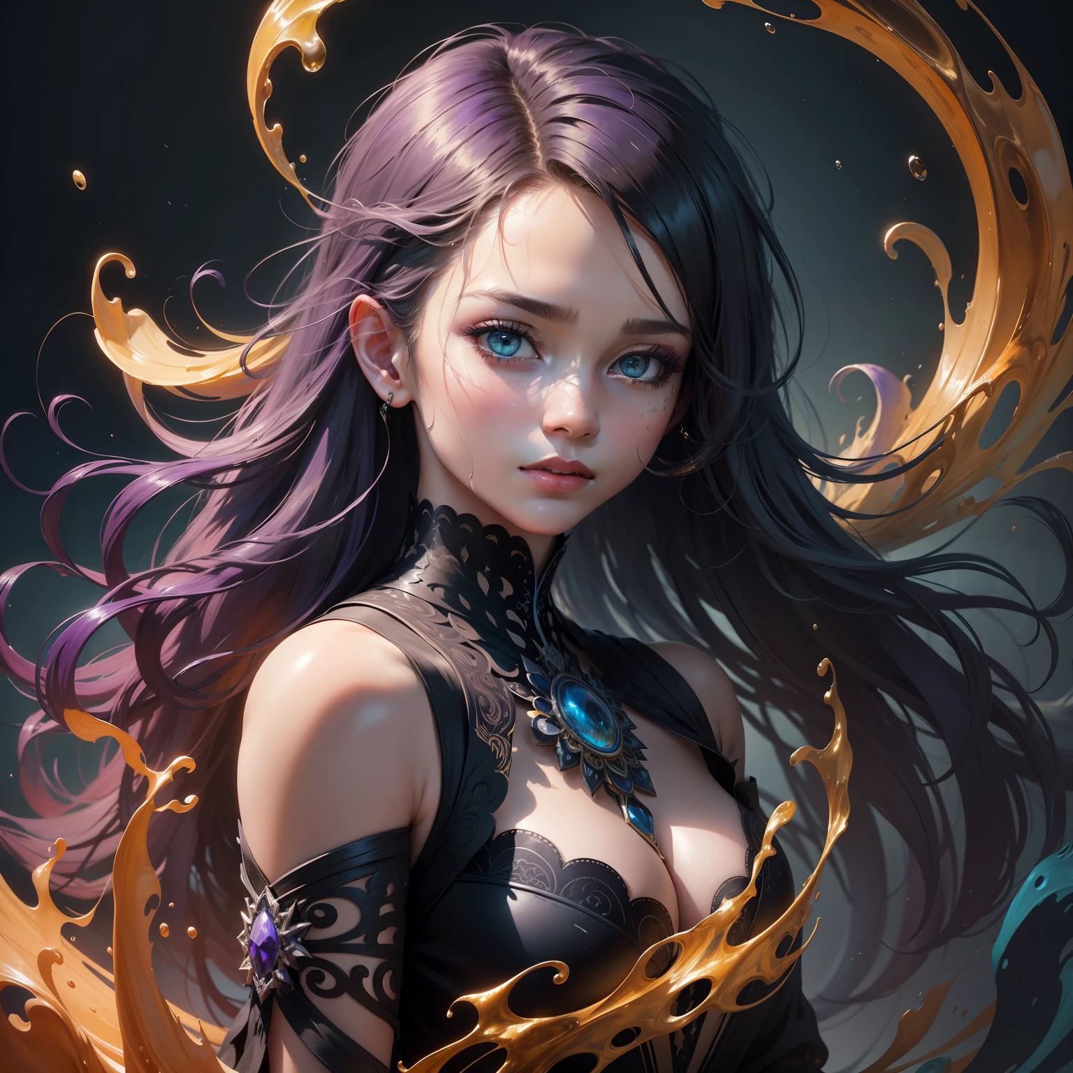 Colorful beautiful girl: a giru 8 , messy hair, oil painting, pretty perfect face with soft skin ice perfect face, blue-yellow, light purple and purple added, light red added, intricate details, splash screen, 8k resolution, masterpiece, cute face, artstation digital painting smooth very black ink flow: 8k resolution realistic masterpiece: Intricate details Fluid gouache: By Jean Baptiste Mongue: Calligraphy: Acrylic: watercolor art, professional photography, natural lighting, volumetric lighting, minimalism Photographic illustration: by Marton Bobzert:, complex, elegant, expansive, fantastical, wavy curls, vibrant