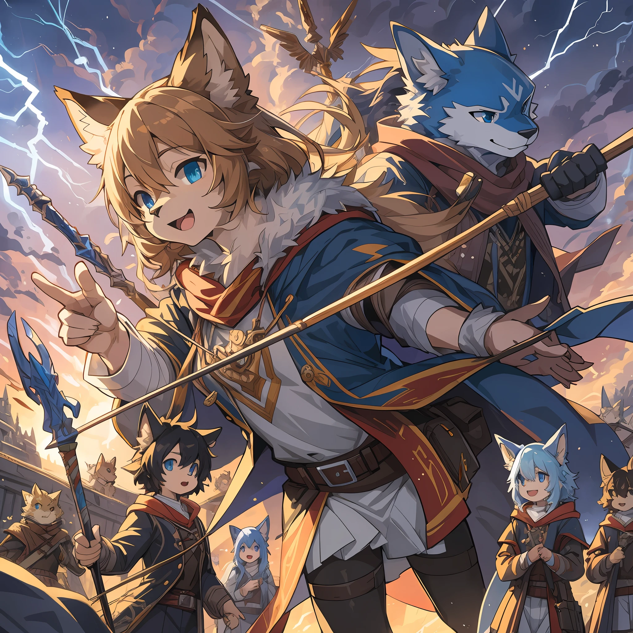 dynamic angle, top quality, best quality, High-quality illustrations, masterpiece, super high resolution, detailed background, detailed background, one scene of Movie, Harry Potter series, stick, battlefield, loimu, lightning, group shot:0.1, 6+boys, 6+girls, Happy, joyful, absurdres(highly detailed beautiful face and eyes)perfect anatomy(kemono, furry anthro),