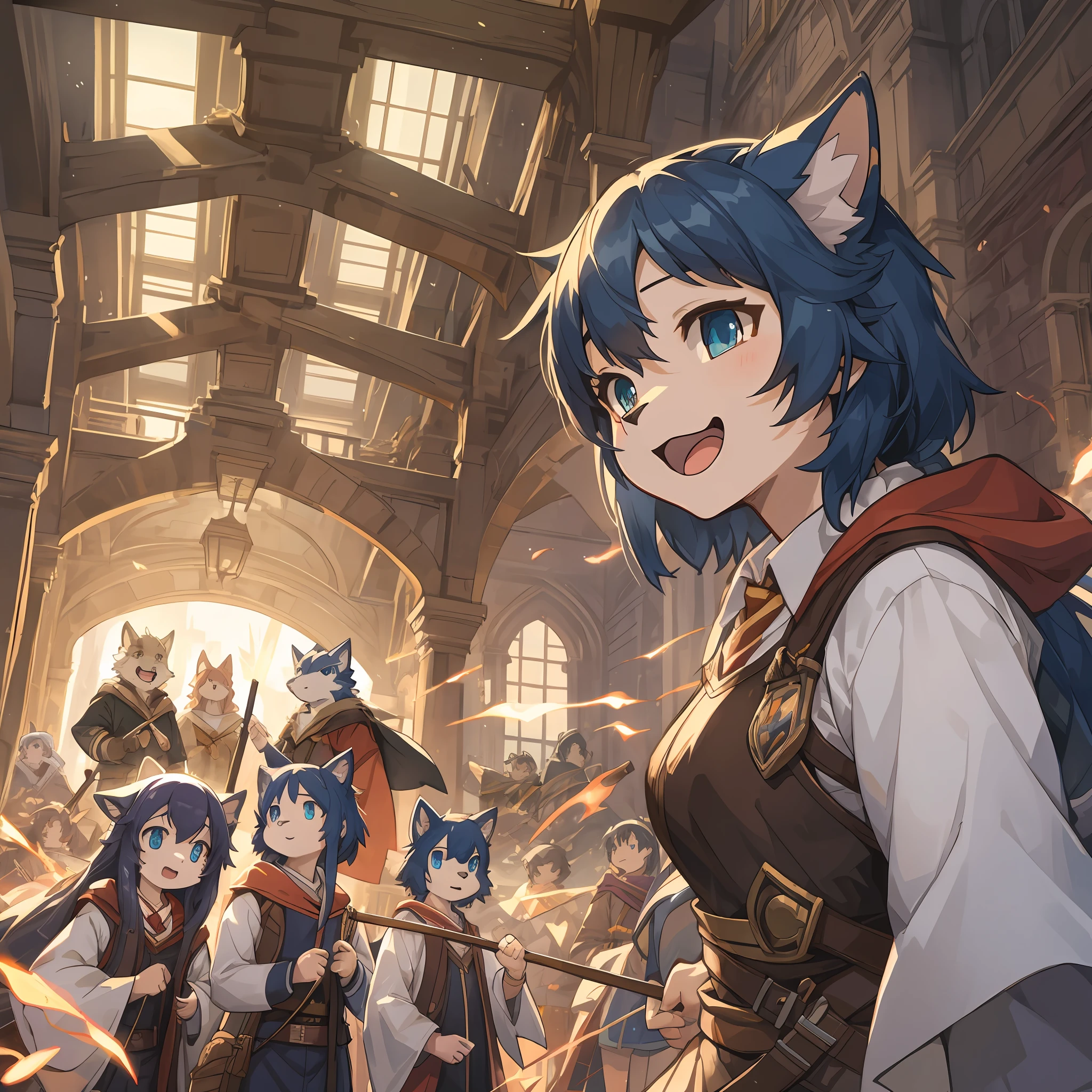 dynamic angle, top quality, best quality, High-quality illustrations, masterpiece, super high resolution, detailed background, detailed background, one scene of Movie, Harry Potter series, stick, battlefield, loimu, lightning, group shot:0.1, 6+boys, 6+girls, Happy, joyful, absurdres(highly detailed beautiful face and eyes)perfect anatomy(kemono, furry anthro),