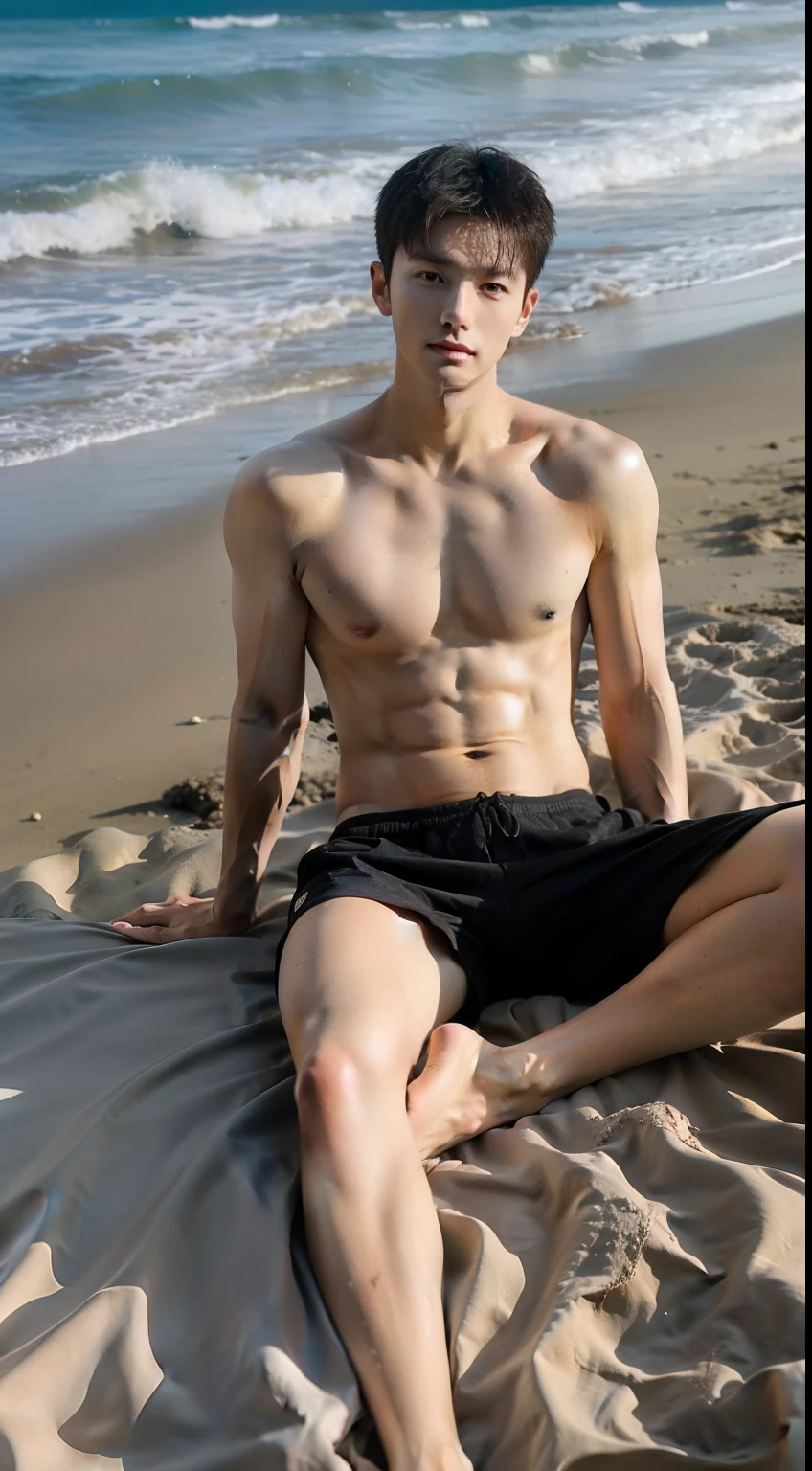 (handsome chinese man: 1.5), 18 years old, abs, on tbeach sitting on the sand, model, very handsome, douyin, long legs, perfect anatomy, realistic, detailed, best quality, 8k