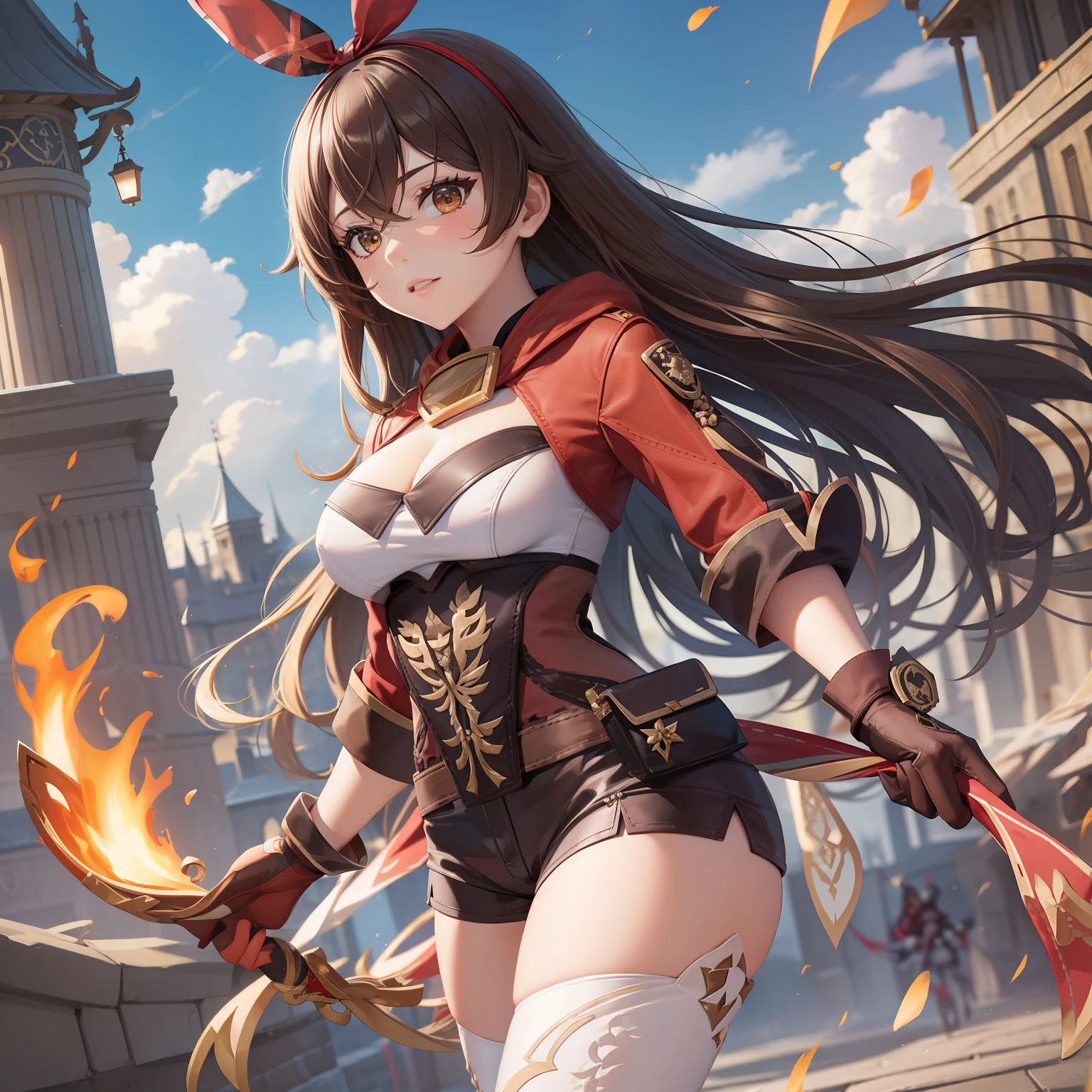 thick outlines, strong shadows, 1 girl, full body portrait, fire swirl amber \(genshin impact\), brown eyes, brown hair, long hair, red hair ribbon, brown short shorts, leather gloves, pouch, thighhighs, white boots, small breast, cleavage, \(clothing\) detailed background, detailed face, background night castle,