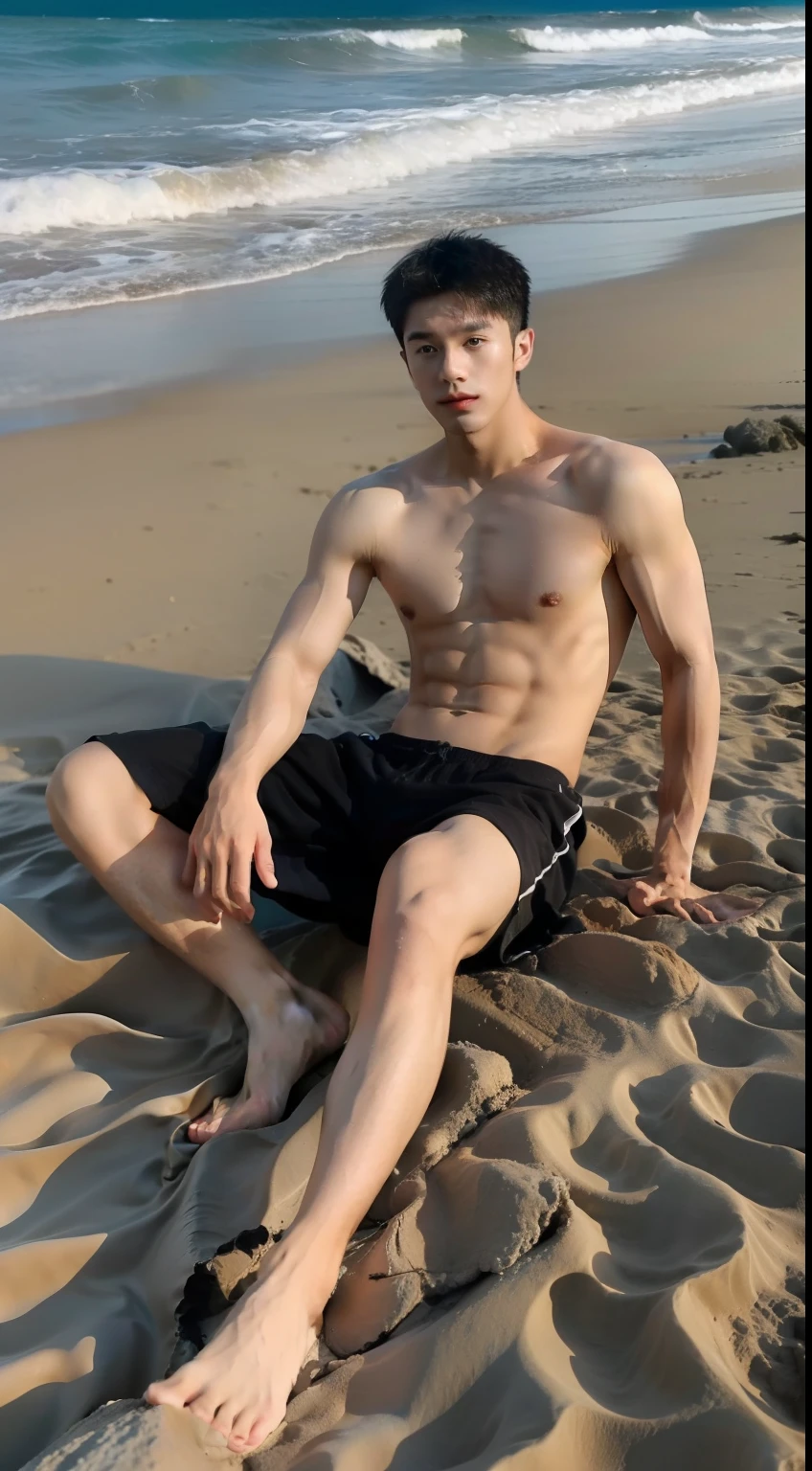 (handsome chinese man: 1.5), 18 years old, abs, on tbeach sitting on the sand, model, very handsome, douyin, long legs, perfect anatomy, realistic, detailed, best quality, 8k
