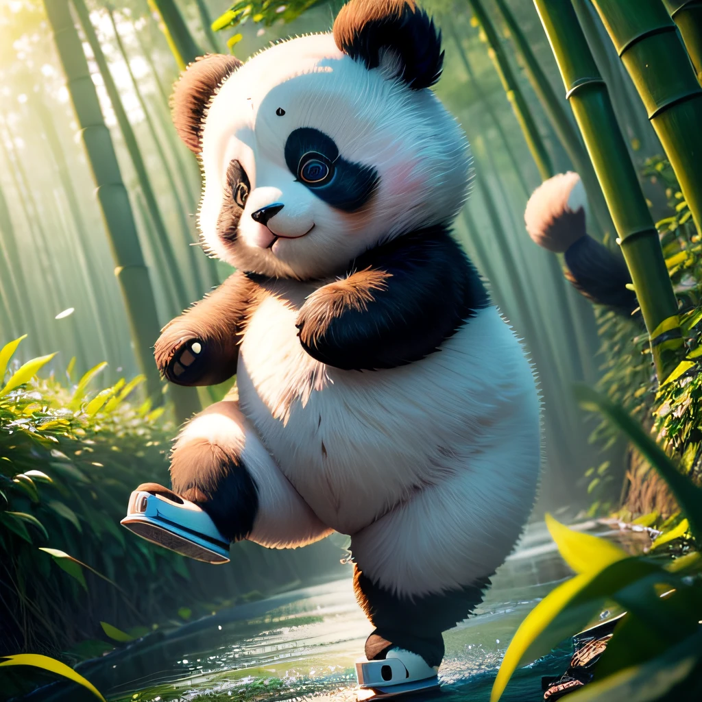 4K HD quality,Ridily scene details,Very cute panda in the bamboo forest,A cute chubby little girl,Double bun and bangs,Elaborate Eyes,Very happy,skating,